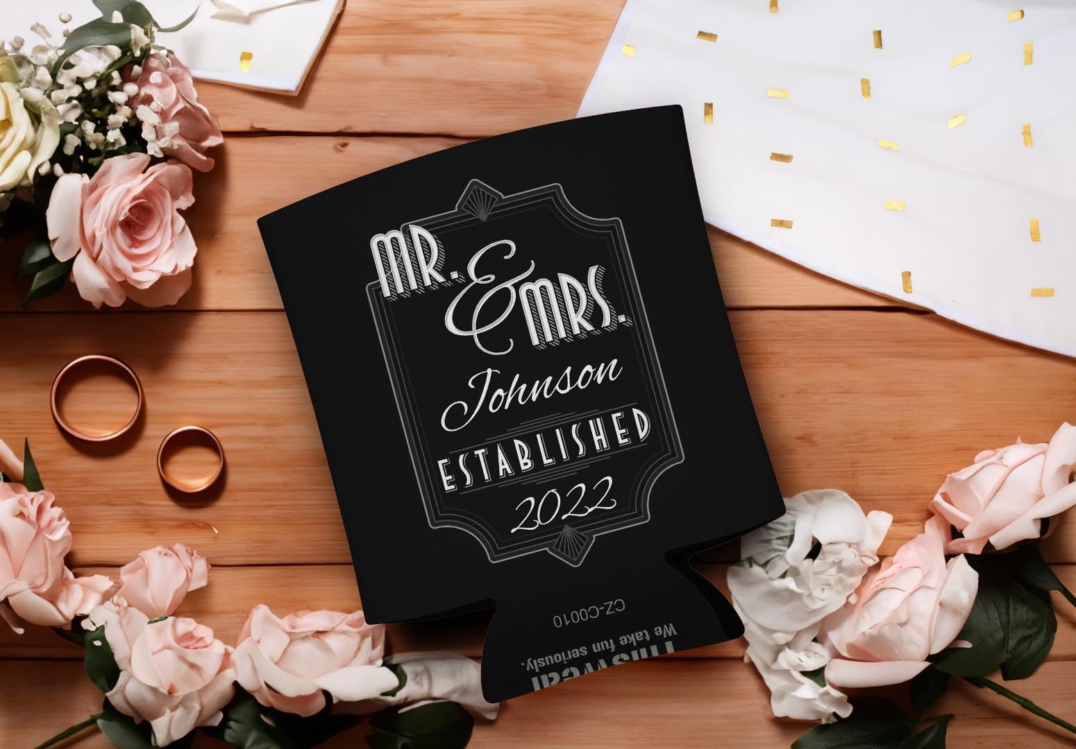 Custom Wedding Can Coolers - Personalized Mr & Mrs Drink Sleeves with Names & Date - 96 Pack Black Can Coolies for Wedding Favors - Perfect for Outdoor Receptions, Bridal Showers & Anniversary Parties
