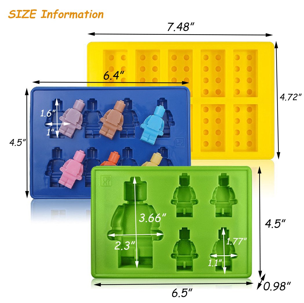 Bricks Silicone Mold Set for Building Blocks & Robots - Cake Decorating, Chocolate, Candy, Jello, Ice Cube Molds - 3pcs Robot Theme (Perfect for Birthday Parties, DIY Desserts & Kids' Baking Activities)