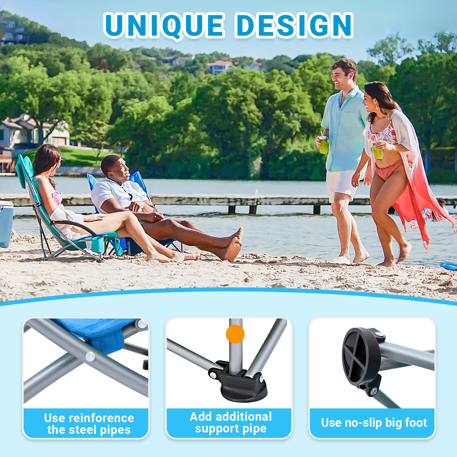 KingCamp Folding Beach Chairs 2 Pack - Lightweight Portable High Back Camping Chairs with Headrest & Cup Holder - Perfect for Outdoor, Beach, Concerts, Festivals, Sports Events (Blue)
