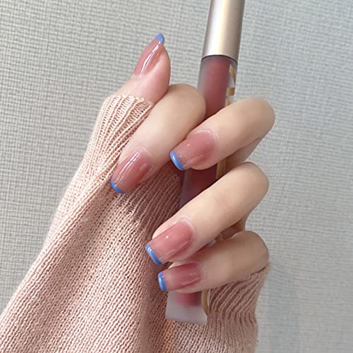 24pcs Fake Nails with Glue - Nude Jelly Purple Blue French Tip Artificial Nails, Full Cover Wearable Fake Nail Tips for Women | Perfect for Parties, Weddings, and Daily Nail Art