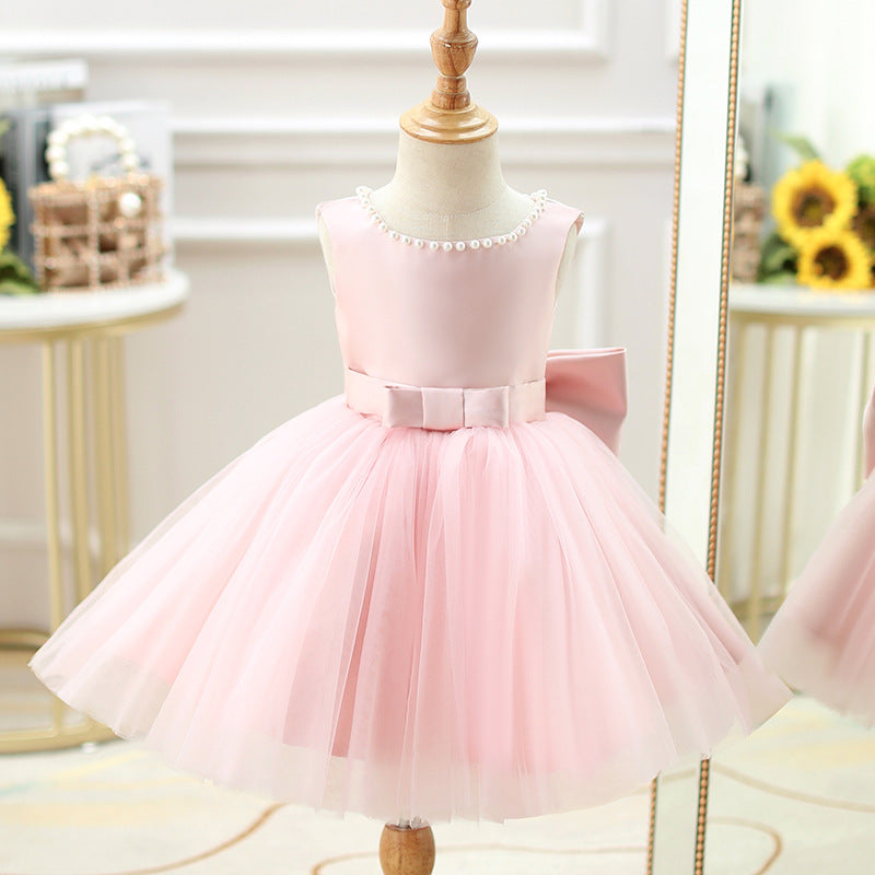 Pink A-Line Tea Length Flower Girl Dress with Bows - Perfect for Weddings, Flower Girls, and Special Occasions