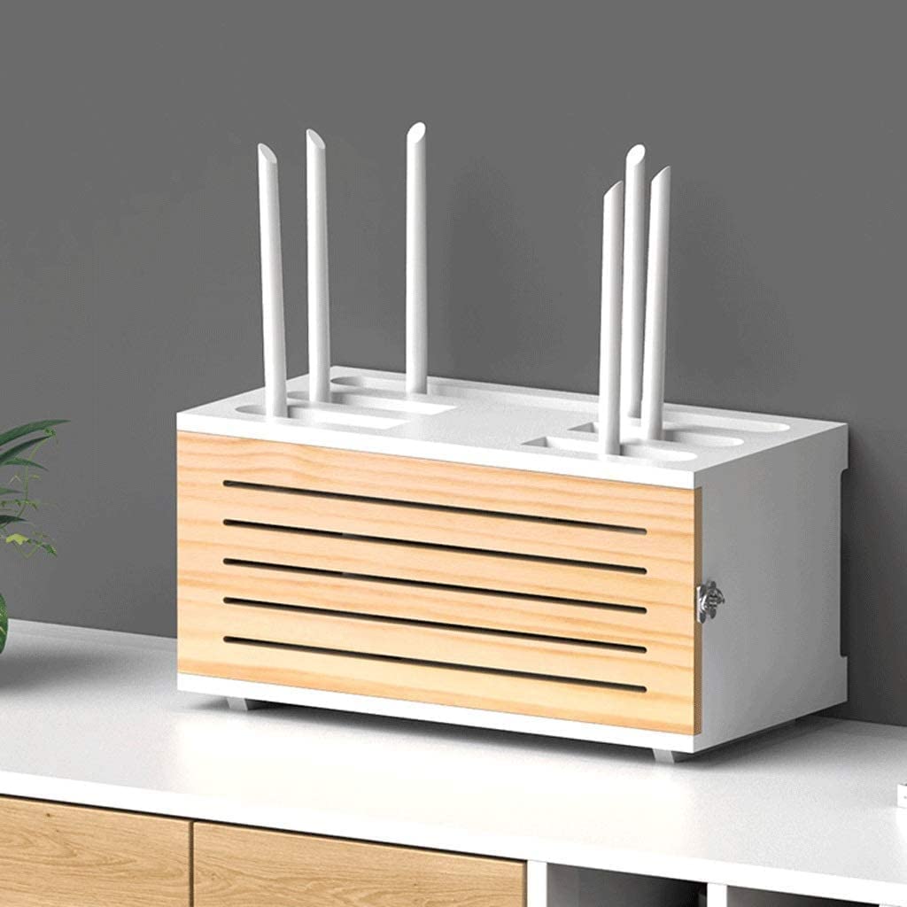 **Wall-Mounted Solid Wood Wireless Router Storage Box with 3 Shelves & Power Cord - White Finishing Box for Home Office & Tech Gadgets Organization**