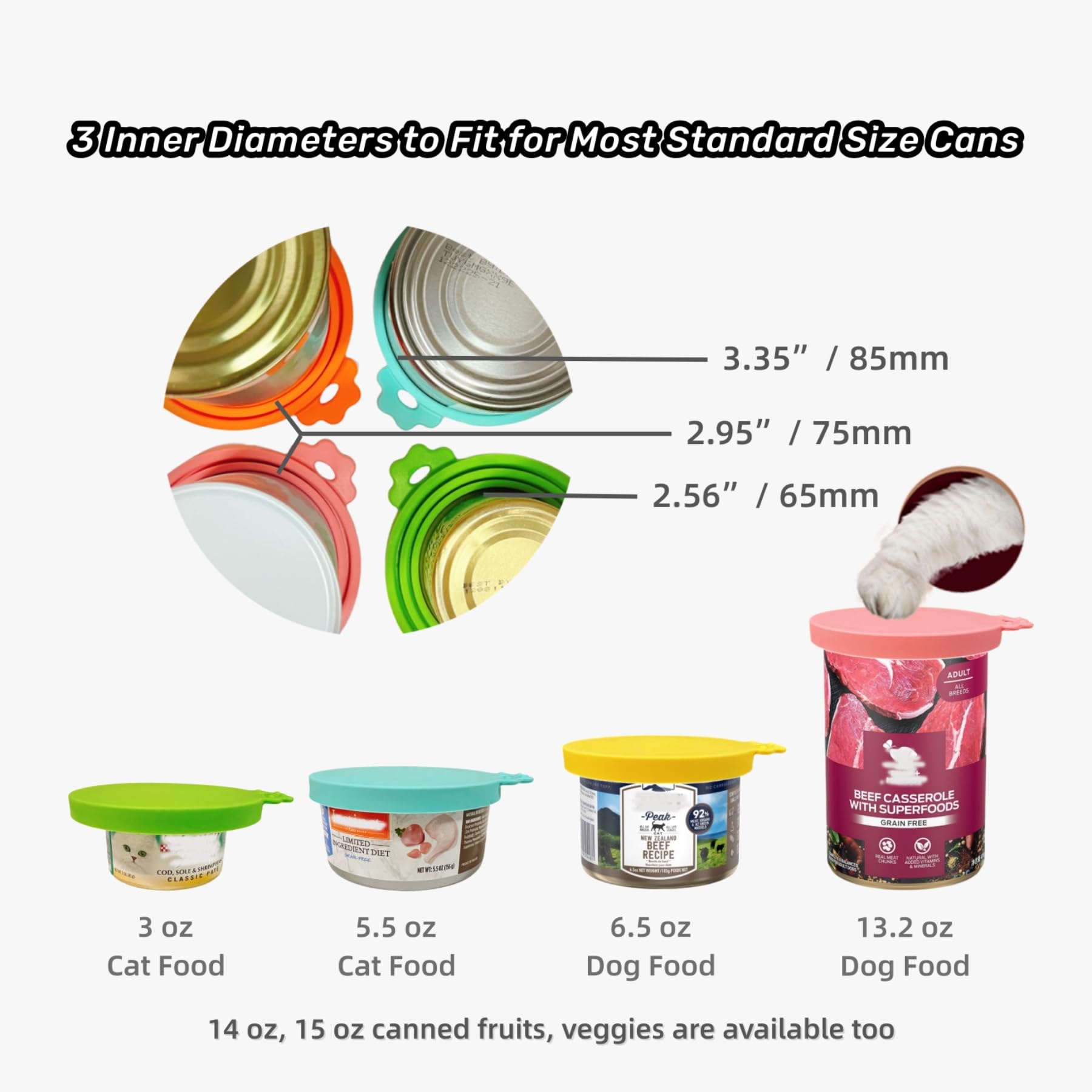 MoPawKT Silicone Dog Food Can Covers - 3 Sizes (2.6”/3”/3.4”) Fit 3-15oz Pet Food Cans, BPA Free Reusable Lids with Spoon - Perfect for Fresh Storage of Wet Cat & Dog Food at Home or Travel