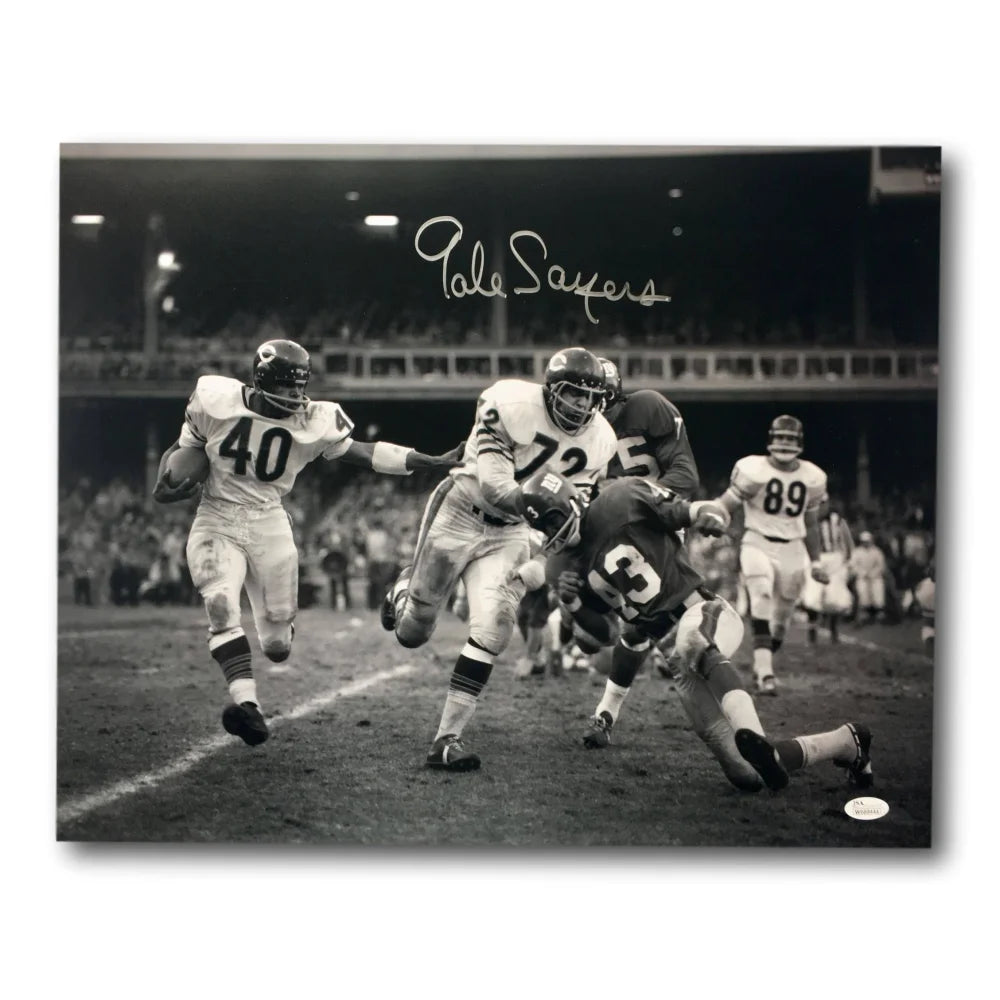 Gale Sayers Signed Chicago Bears 16x20 Photo - Authentic B&W Autograph with JSA COA - Perfect for Sports Memorabilia Collectors and Bears Fans Display