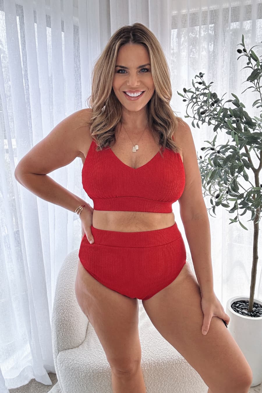 Byron Adjustable Bikini Top for Women - Red Textured Swimwear for Beach, Pool & Summer Vacations