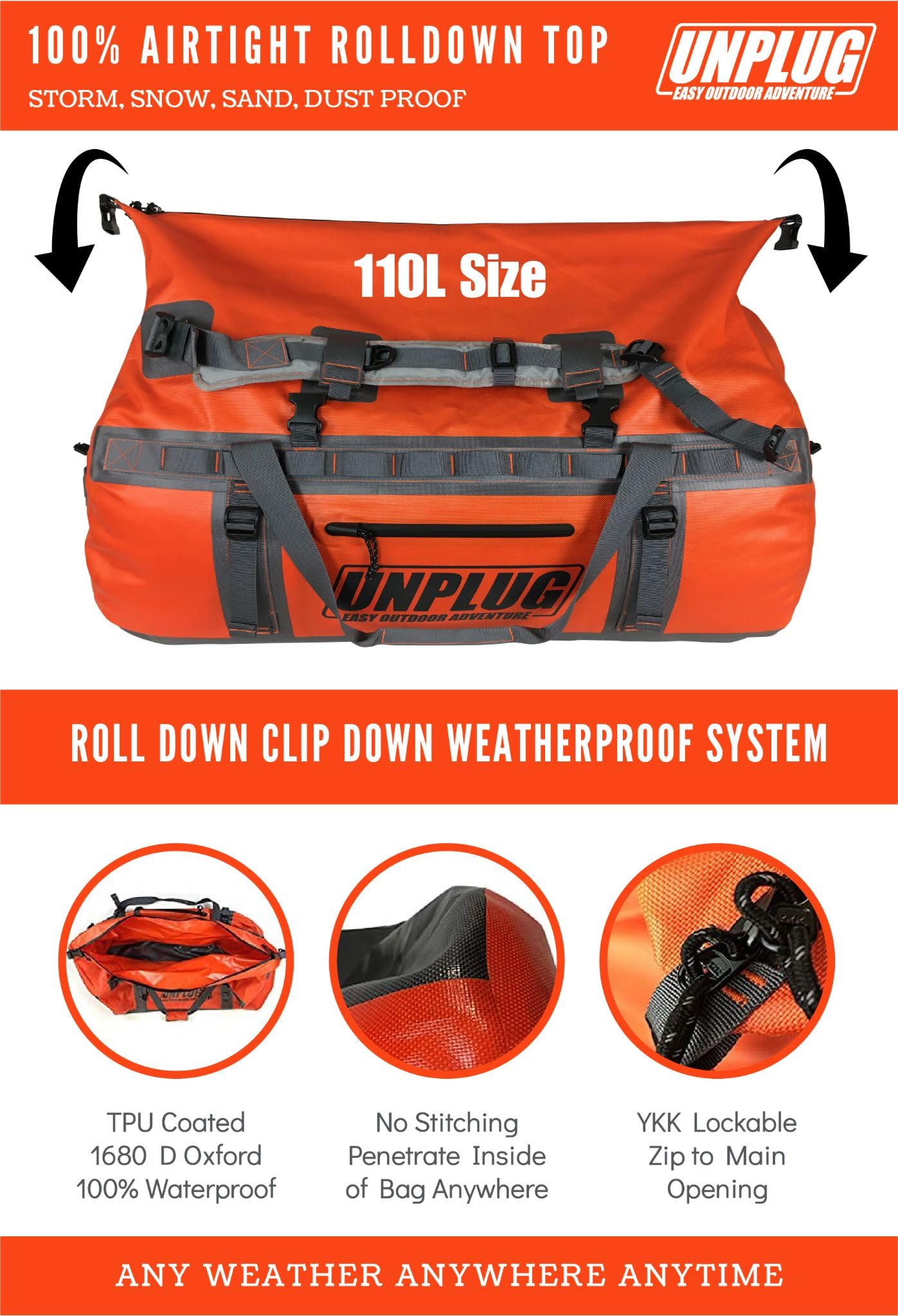 UNPLUG Ultimate Adventure Bag - 1680D Heavy Duty Waterproof Travel Duffel Bag for Camping, Hiking, Motorcycle & Boating | Tactical Duffle Backpack for Outdoor Sports, Travel & Military Use