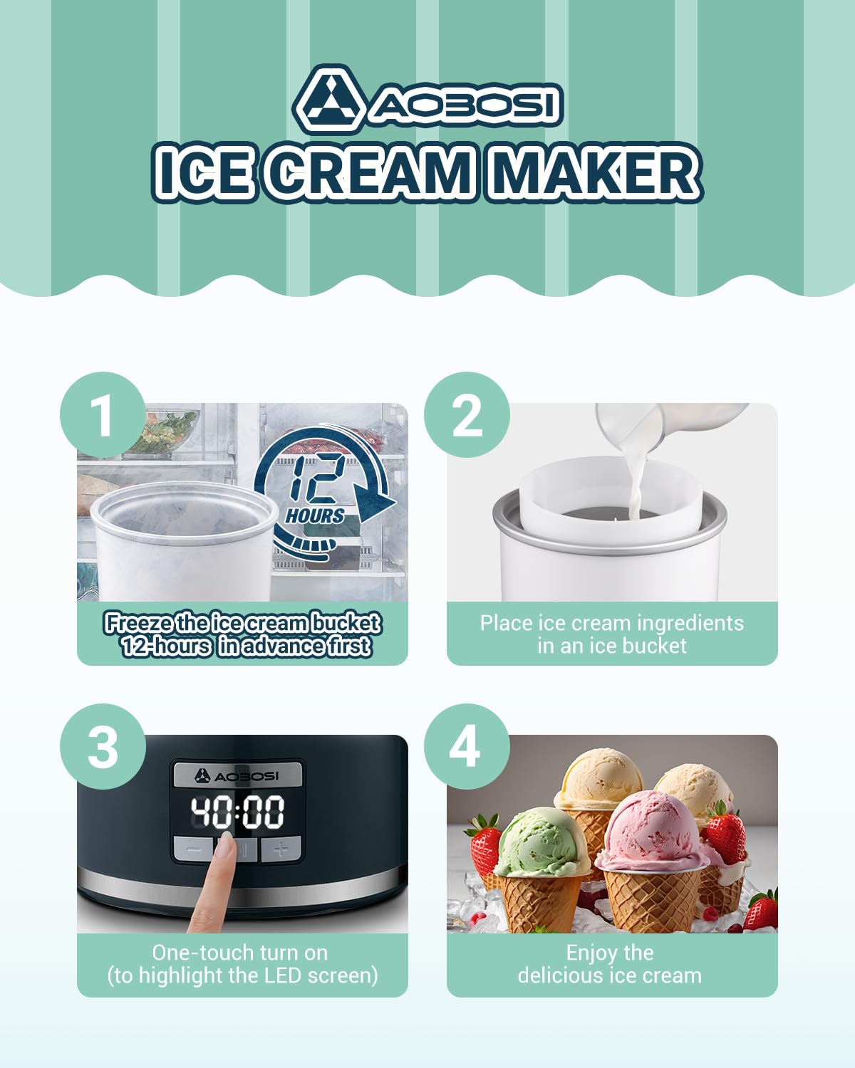 AAOBOSI 2 Quart Automatic Ice Cream Maker Machine - Double Insulated Freezer Bowl for Homemade Gelato, Sorbet & Frozen Yogurt - Soft Serve Ice Cream Maker with Timer - Perfect for Parties, Family Gatherings & Summer Treats