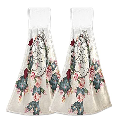 2 Pack Boho Rose Flower Indian Dream Catcher Kitchen Towels - Soft Microfiber Coral Velvet Hand Towels with Loops, Absorbent Dish Towels for Bathroom, Kitchen & Decor - Perfect for Washing Dishes, Drying Hands & Bohemian Home Decor