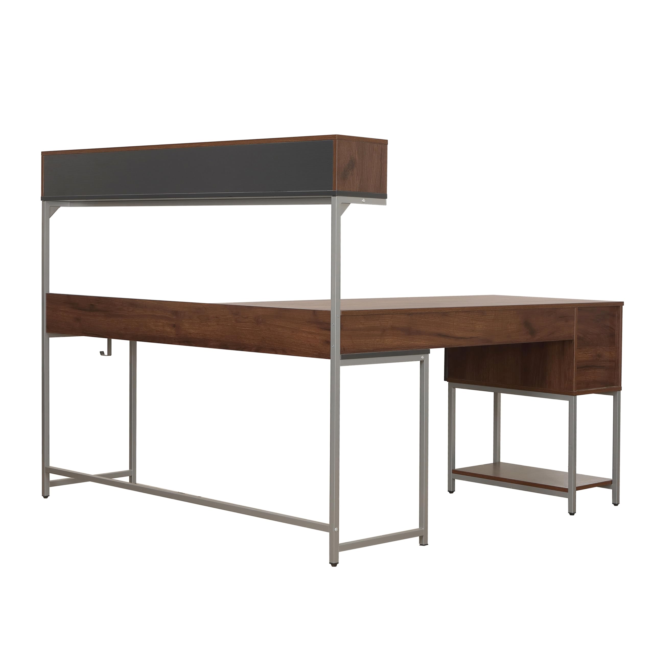 Techni Mobili L-Shaped Corner Computer Desk with Hutch, Storage Drawers & Open Shelf - Walnut Home Office Workstation for PC, Printer & Study Space