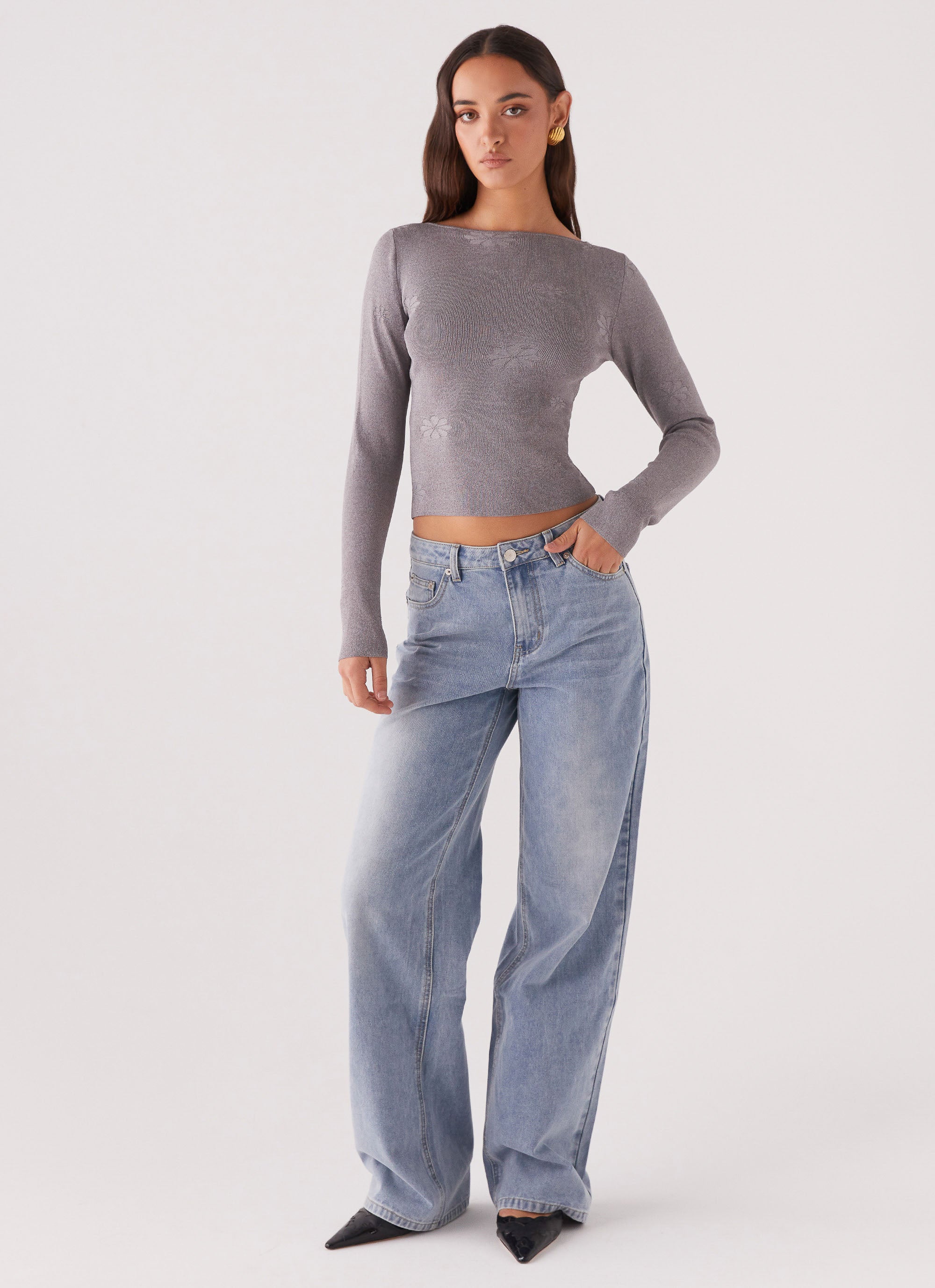 Dandelion Long Sleeve Knit Top for Women - Soft Grey Marle Crewneck Sweater | Casual Fall & Winter Layering Essential
