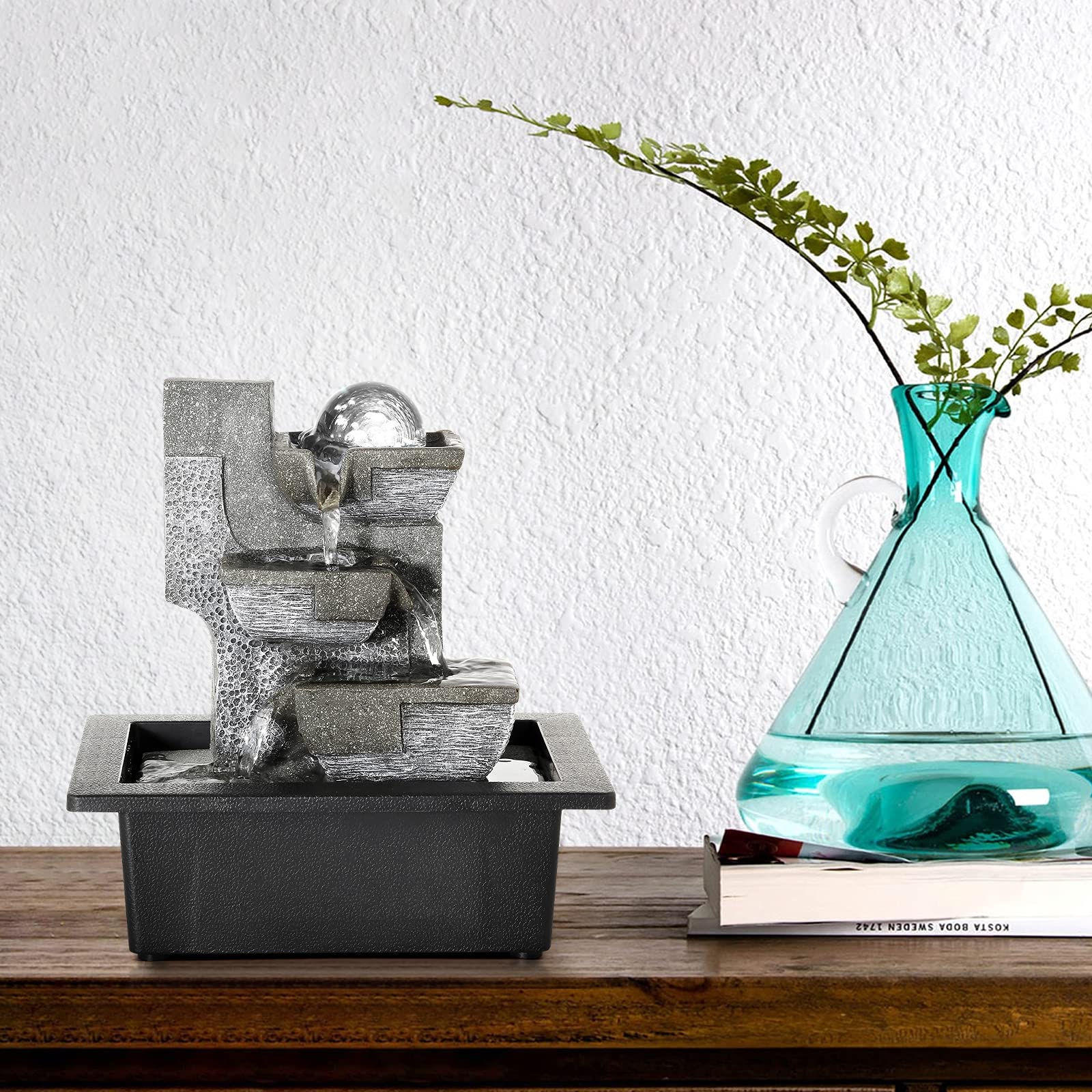 Dyna-Living Indoor Tabletop Fountain with LED Lights - Relaxing Waterfall Fountain for Home Decor, Office, Yoga & Meditation Spaces