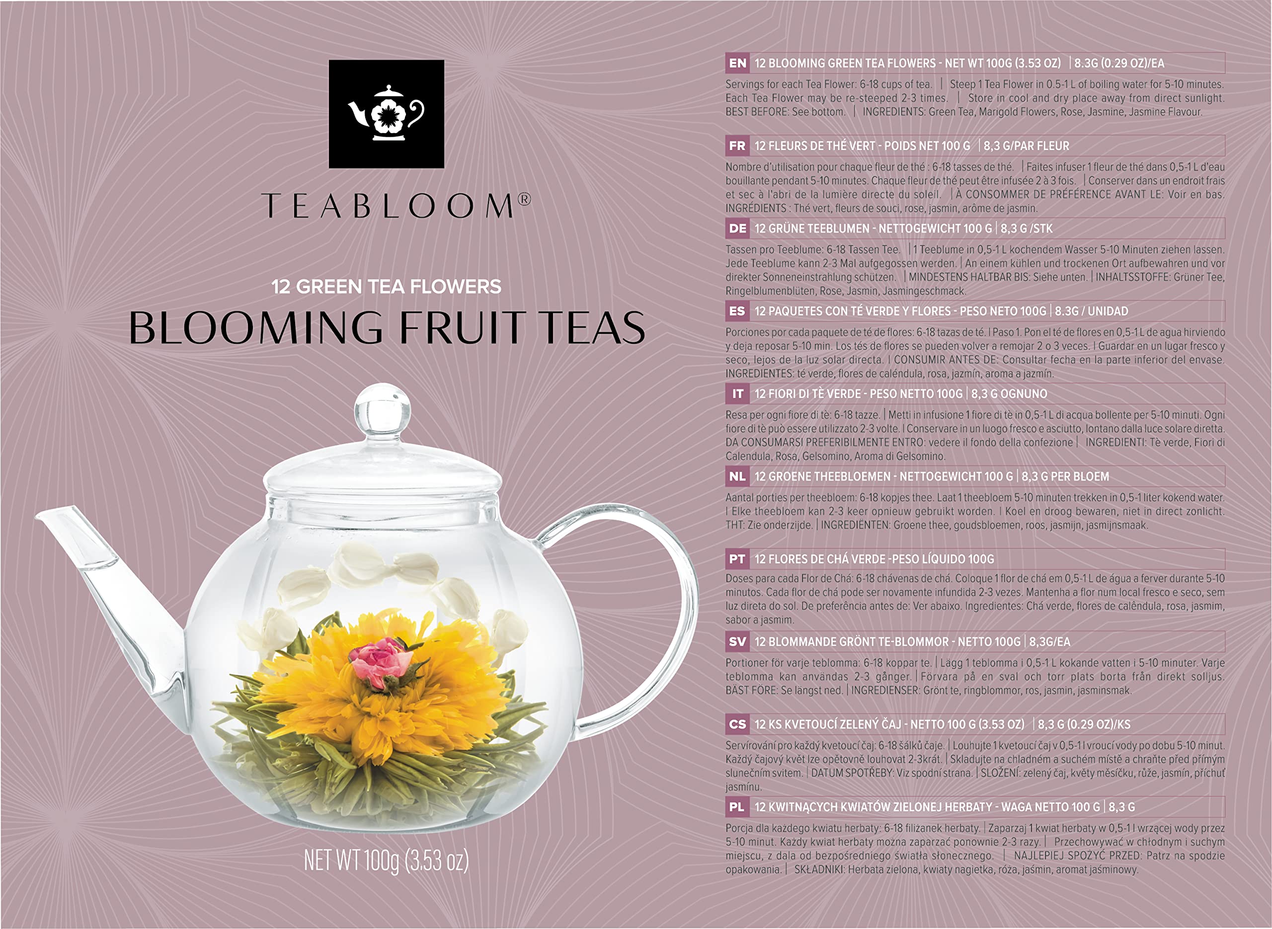Teabloom Fruit Blooming Tea - 12 Unique Flower & Fruit Flavored Tea Balls - Reusable Up to 3 Steeps - Perfect for Relaxation, Gifts & Afternoon Tea Parties