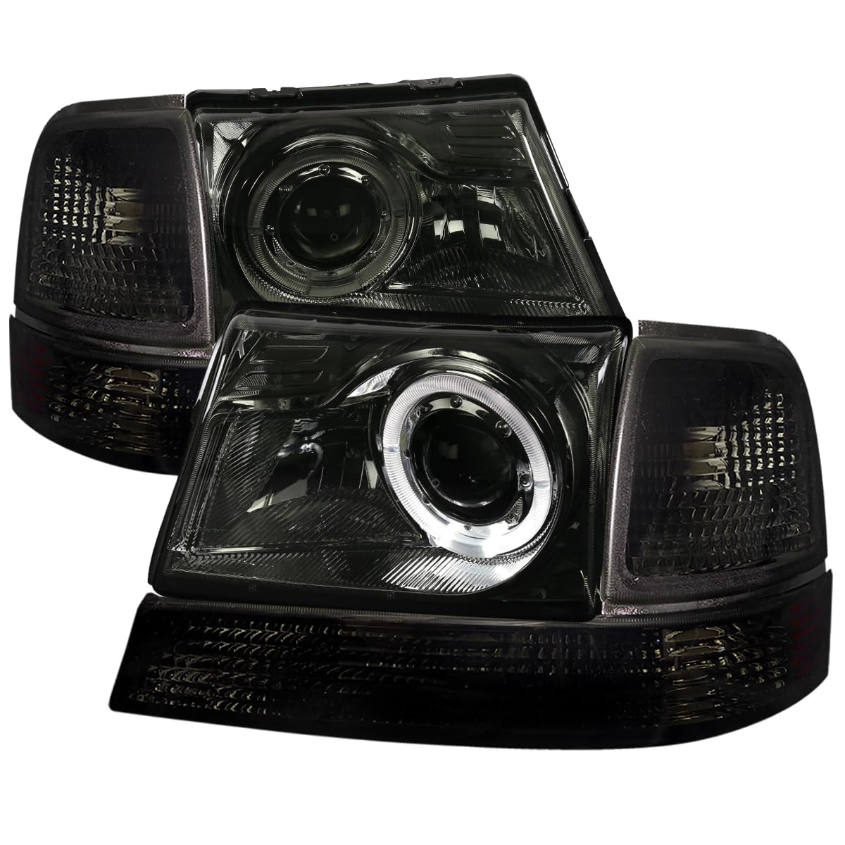 Spec-D Tuning Smoke Halo Ring Projector Headlights + Smoke Corner Lights for 1998-2000 Ford Ranger - Left & Right Pair Headlamp Assembly - Upgrade Your Truck's Style & Night Visibility for Off-Road & Street Driving
