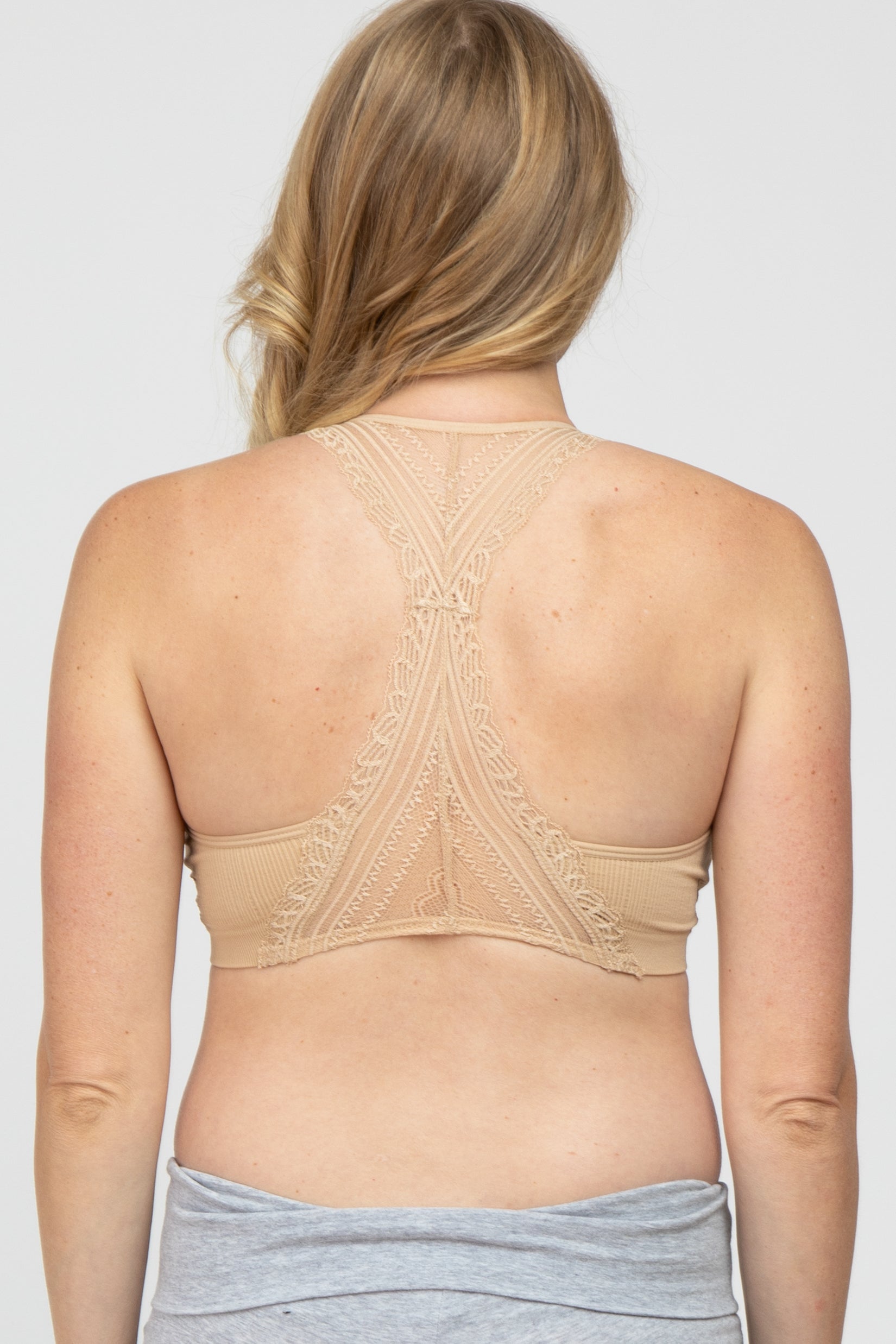 Beige Lace Racerback Maternity Bralette - Comfortable Nursing Bra for Pregnant & Breastfeeding Women - Perfect for Everyday Wear, Yoga & Sleep