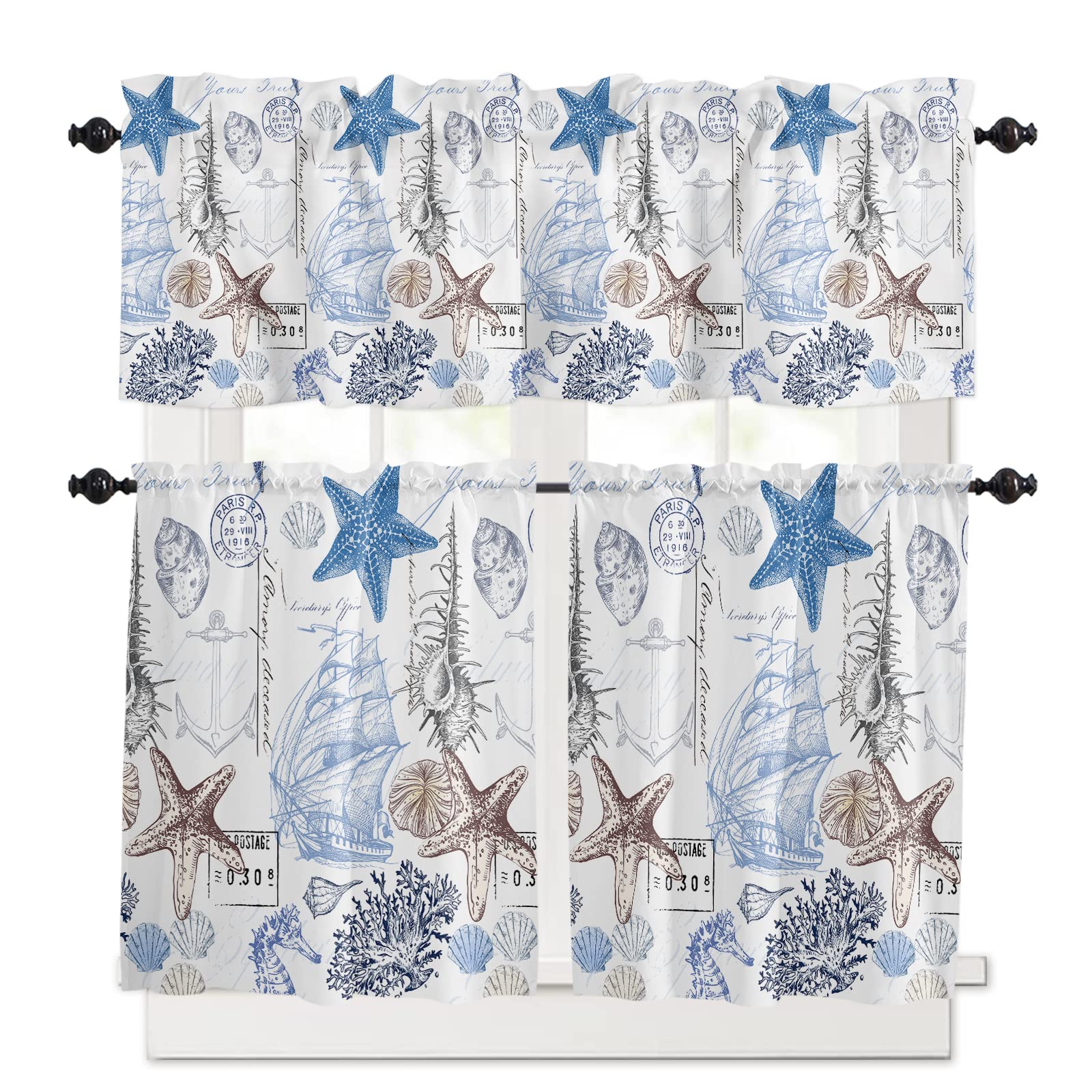 3-Piece Coastal Curtain Set with Rod Pocket - 24 Inch Nautical Tier & Valance for Kitchen, Bedroom, Bathroom | Sea Starfish Design for Half Café Windows & Small Spaces | Perfect for Beach House Decor & Summer Home Styling
