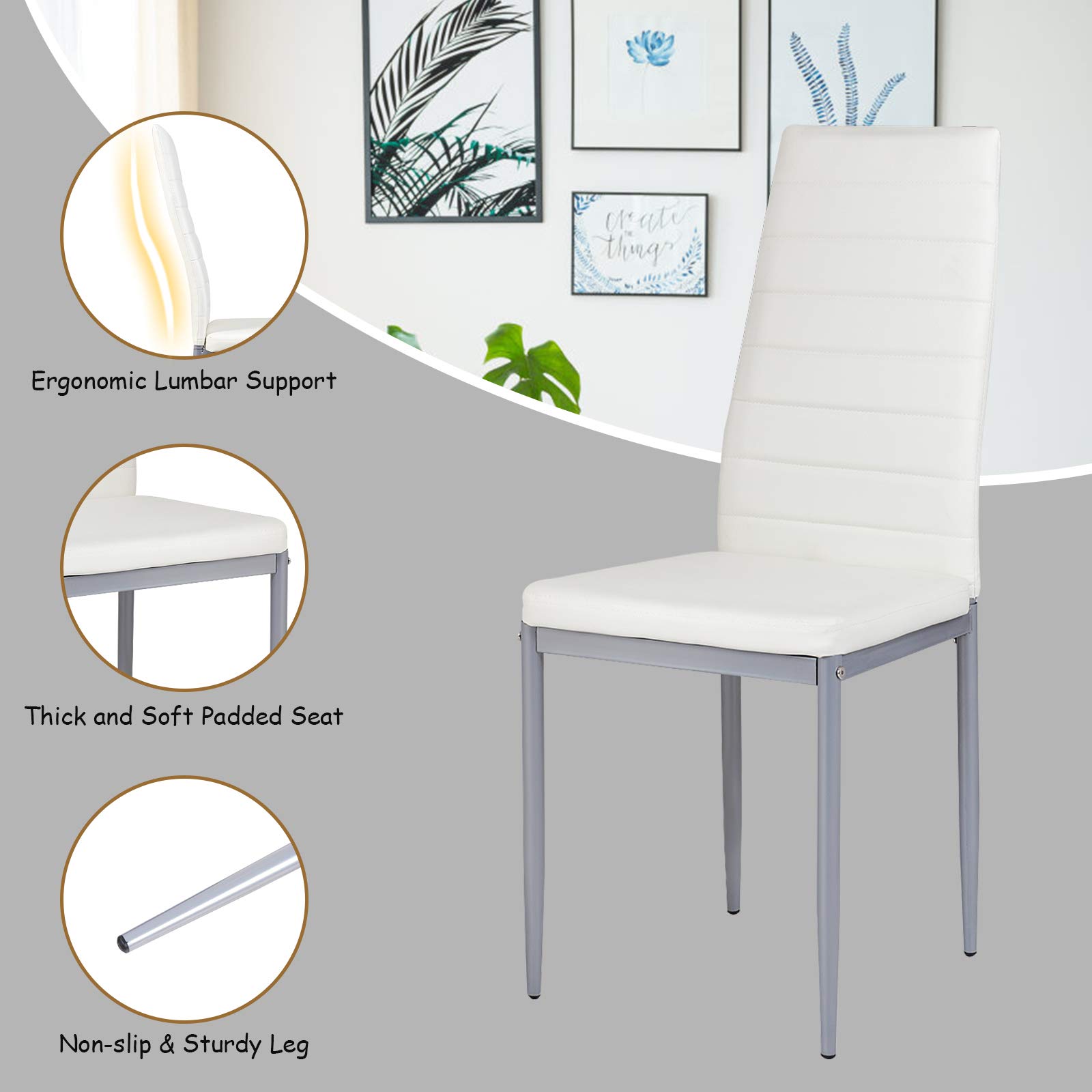 Premium PU Leather Dining Chairs Set of 4 - Ergonomic High Backrest Kitchen Side Chairs with Sturdy Steel Frame - Comfortable Upholstered Seating for Home, Restaurant & Office Use (White)