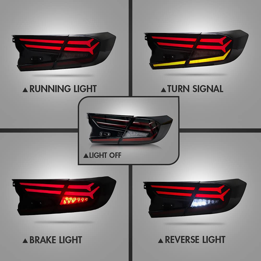 2018-2022 Honda Accord 10th Gen LED Taillights - Sequential Animation Tail Light Assembly Replacement for EX/EX-L/LX/Sport/Touring/Hybrid Models | Fishbone Design | Rear Lights Accessories | Perfect for Custom Upgrades & Nighttime Safety