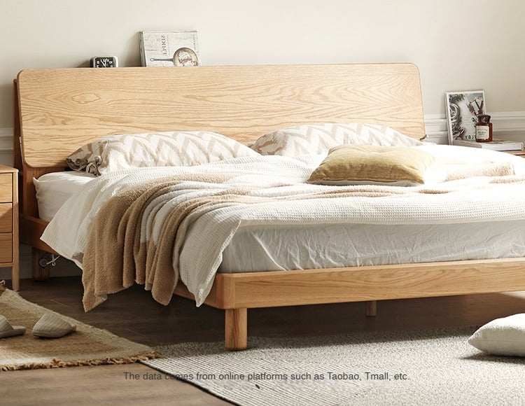 Solid Oak Wood Platform Bed with Bookshelf Headboard - Modern Bedroom Furniture for Small Spaces & Cozy Reading Nook