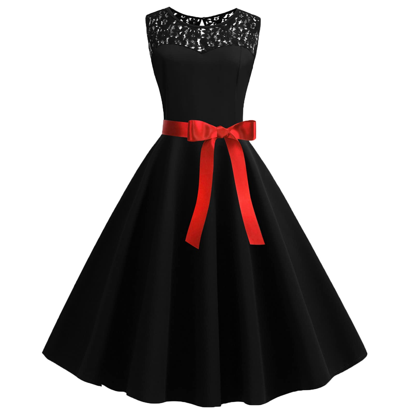 Vintage Rockabilly Sleeveless Cocktail Dress with Lace Patchwork Bodice & Belt - Elegant Formal Ball Gown for Women | Perfect for Parties, Weddings & Retro-Themed Events