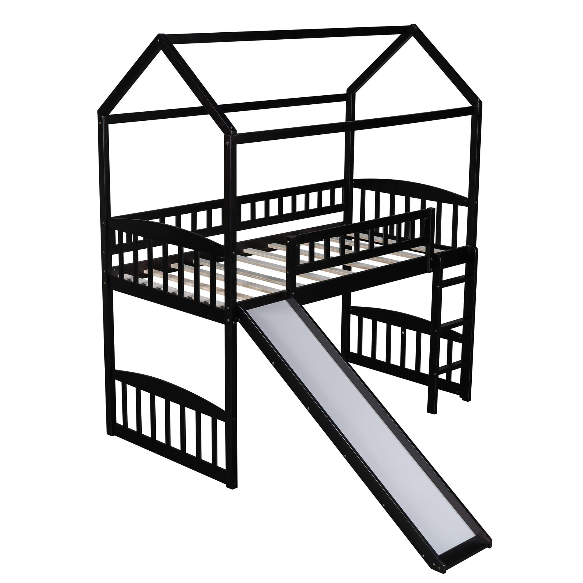 JINS&VICO Twin Loft Bed with Slide and Ladder - Wooden House Style Bunk Bed with Roof & Safety Guardrails for Kids - Espresso Finish (77.4