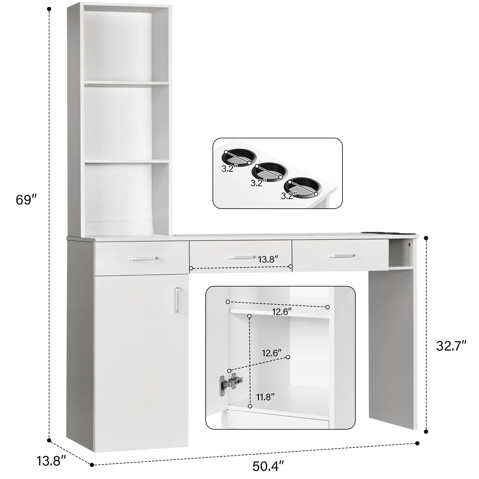 Professional Barber Station for Hair Stylists - Salon Wall Mount Cabinet with Hair Dryer Holder & Storage Drawers - White - Perfect for Home Salons, Barber Shops & Beauty Studios