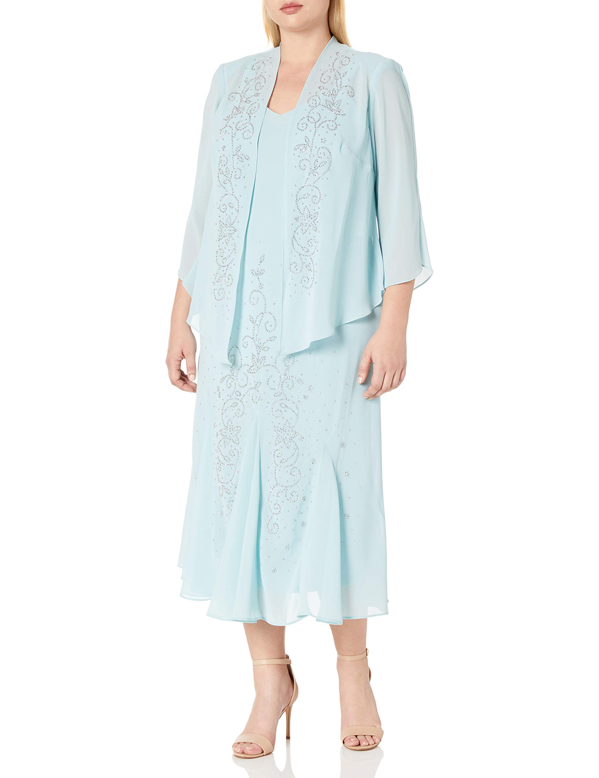 R&M Richards Women's Plus Size Beaded Chiffon Jacket Dress for Evening Party, Wedding Guest & Special Occasions