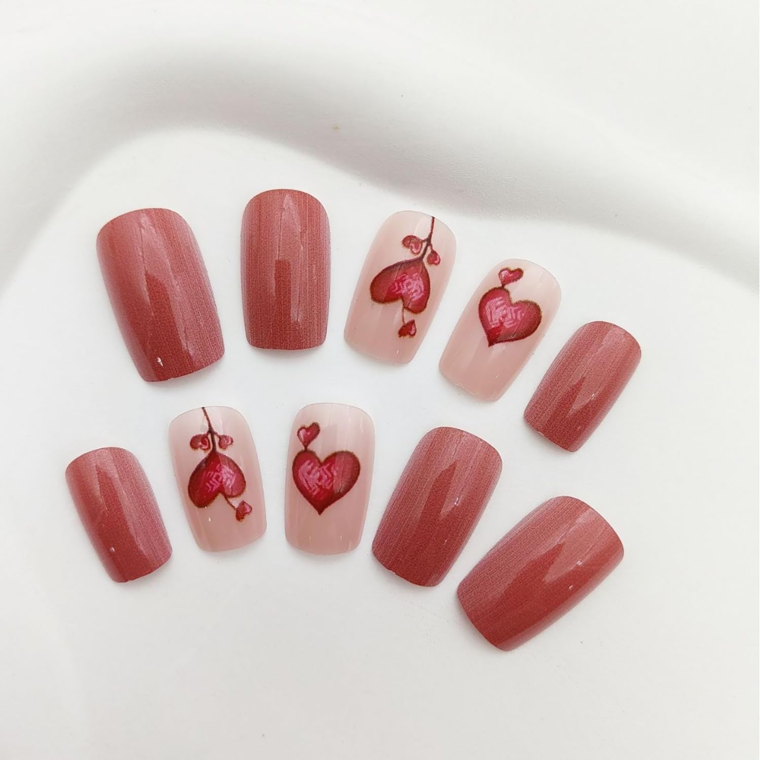24Pcs Valentine's Day Press On Nails - Short Square Fake Nails with Heart Designs | Red Glossy Acrylic Stick On Nails for Women | Perfect for Date Night, Parties & Romantic Occasions