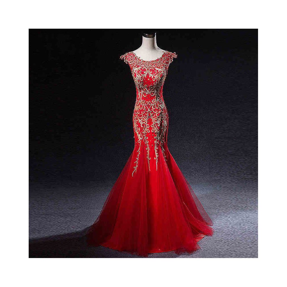Kivary® Red Mermaid Prom Dress with Gold Embroidery & Sequins - Elegant Formal Evening Gown for Homecoming, Wedding Guest, Pageant & Special Occasions