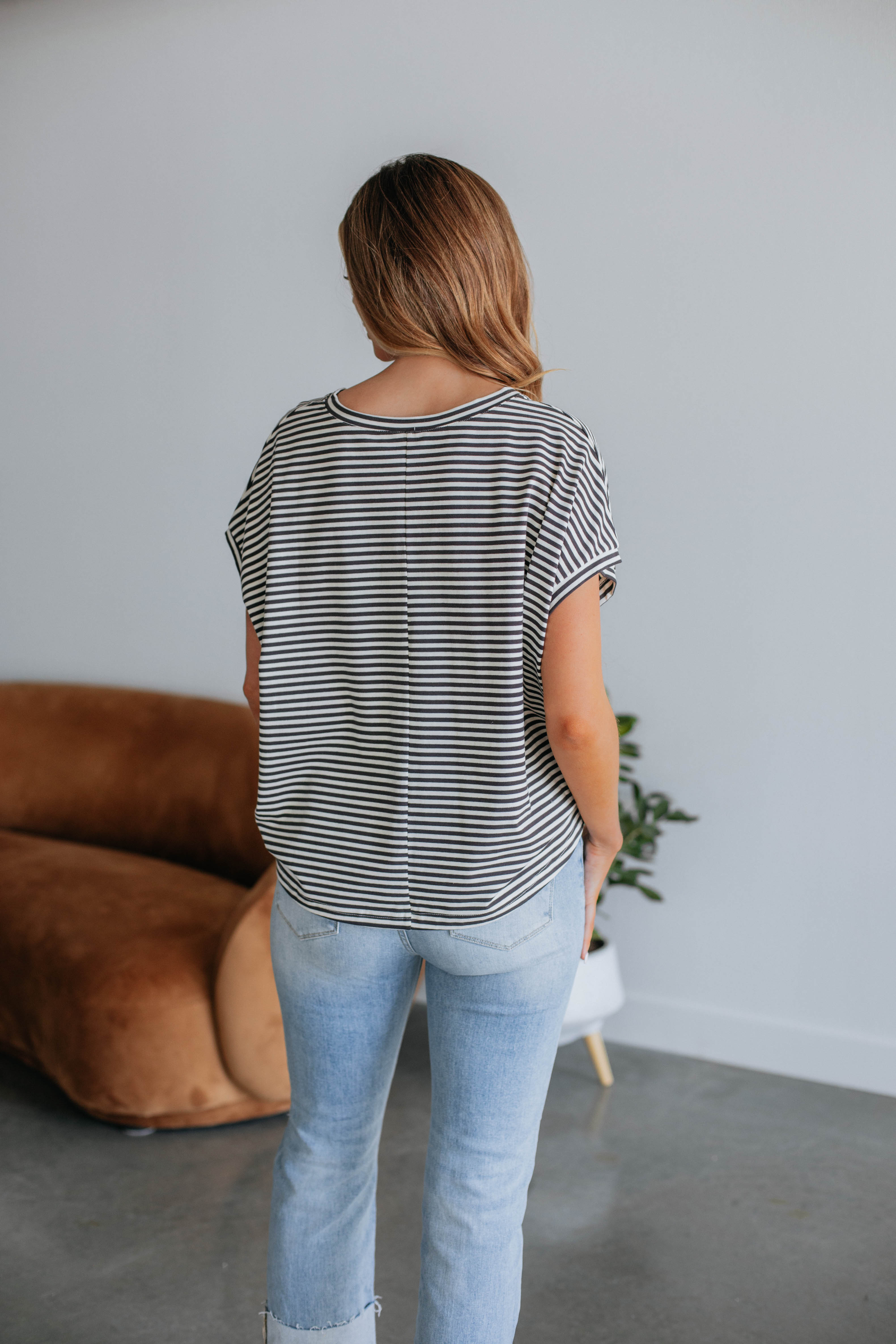 Calvin Striped Top for Women - Charcoal Gray Casual Long Sleeve Shirt | Perfect for Office, Date Night & Everyday Wear