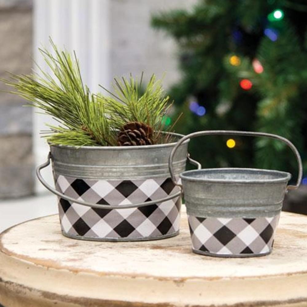 Black and White Buffalo Check Mini Oval Pail - Small Decorative Metal Bucket for Farmhouse Decor, Rustic Weddings, and Holiday Centerpieces