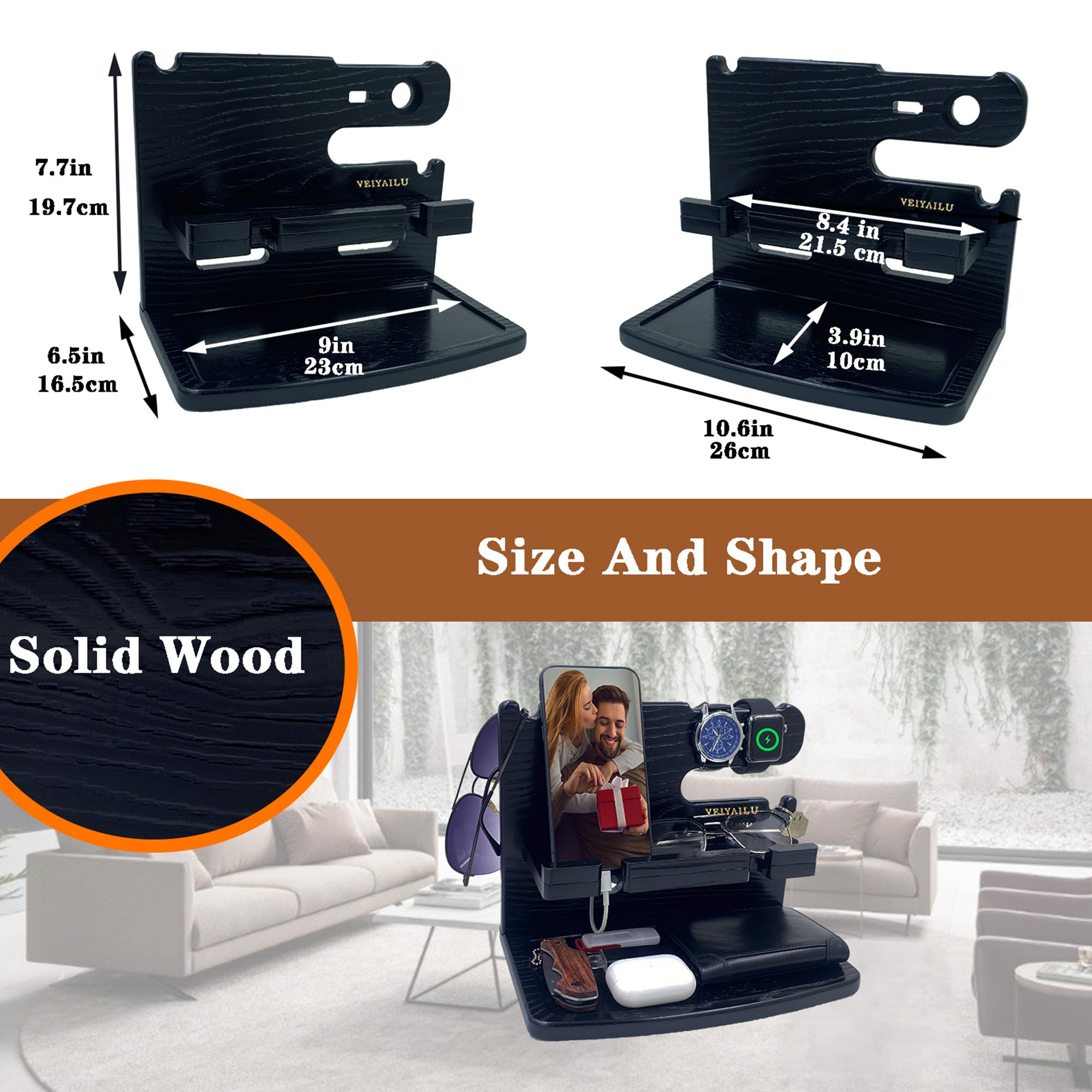 Wooden Nightstand Organizer & Phone Dock Station - Perfect Gift for Men, Dad, Husband, Boyfriend - Birthday, Anniversary, Father's Day Present - Ideal for Bedside, Office, or Travel (Black)