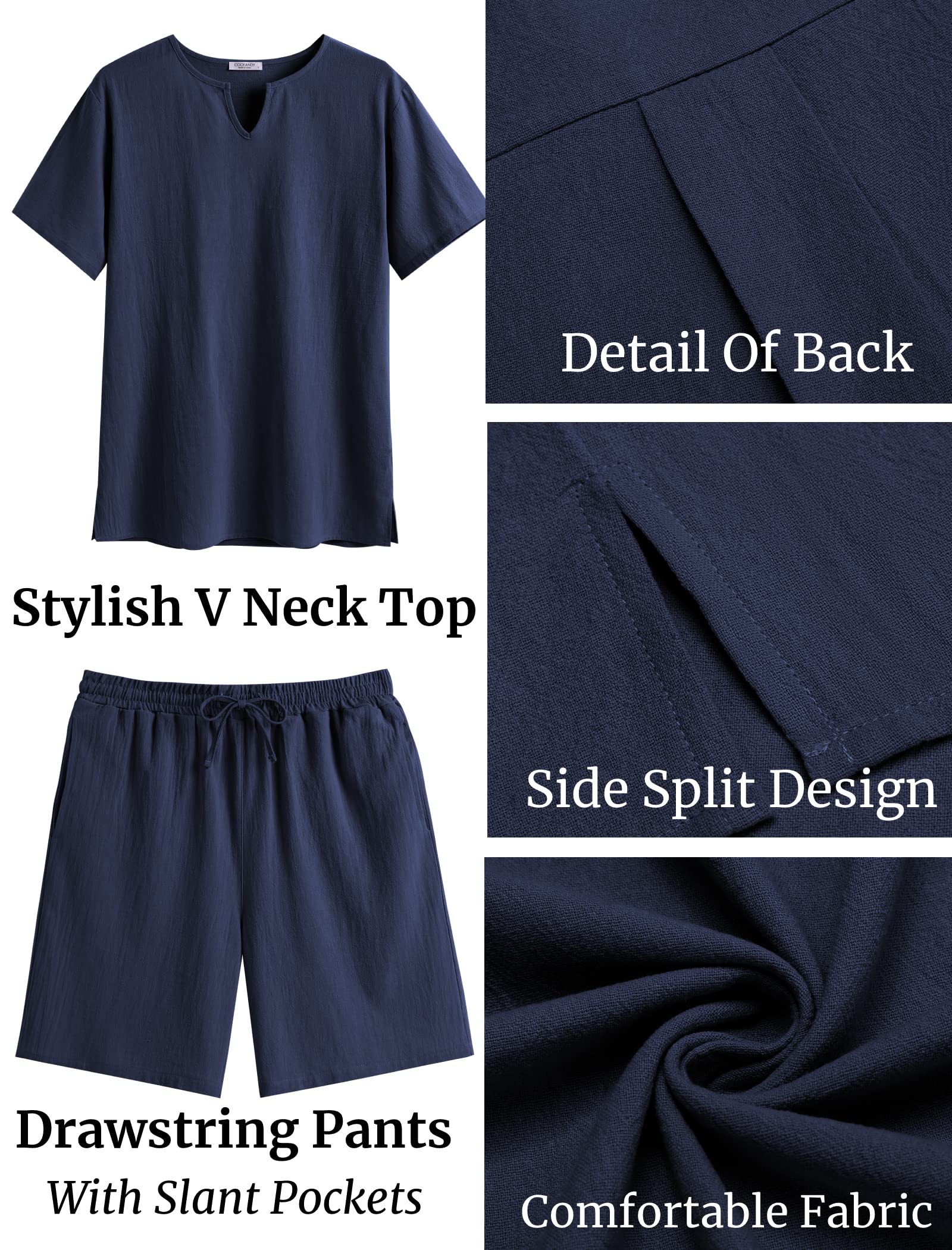 COOFANDY Men's Matching Shirt and Shorts Set - Summer Cotton Linen Lounge Suit | 2-Piece Lightweight Beach Outfit in Navy Blue | Perfect for Casual Wear, Vacation & Outdoor Activities