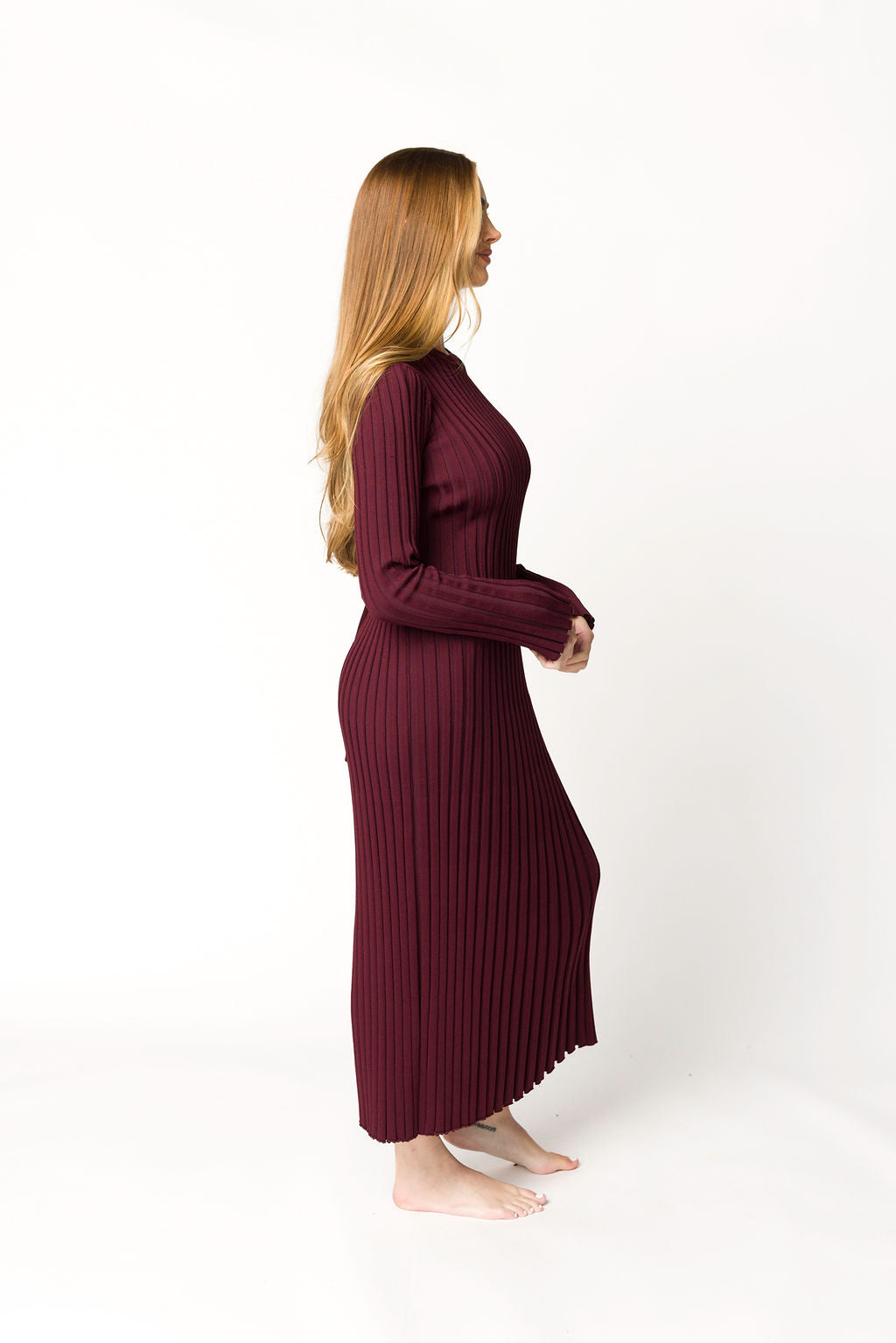 Colette Premium Long Sleeve Ribbed Knit Maxi Dress - Burgundy Red Maternity Dress for Pregnancy | Bump Friendly, Stretchy & Comfortable | Perfect for Weddings, Baby Showers & Special Occasions
