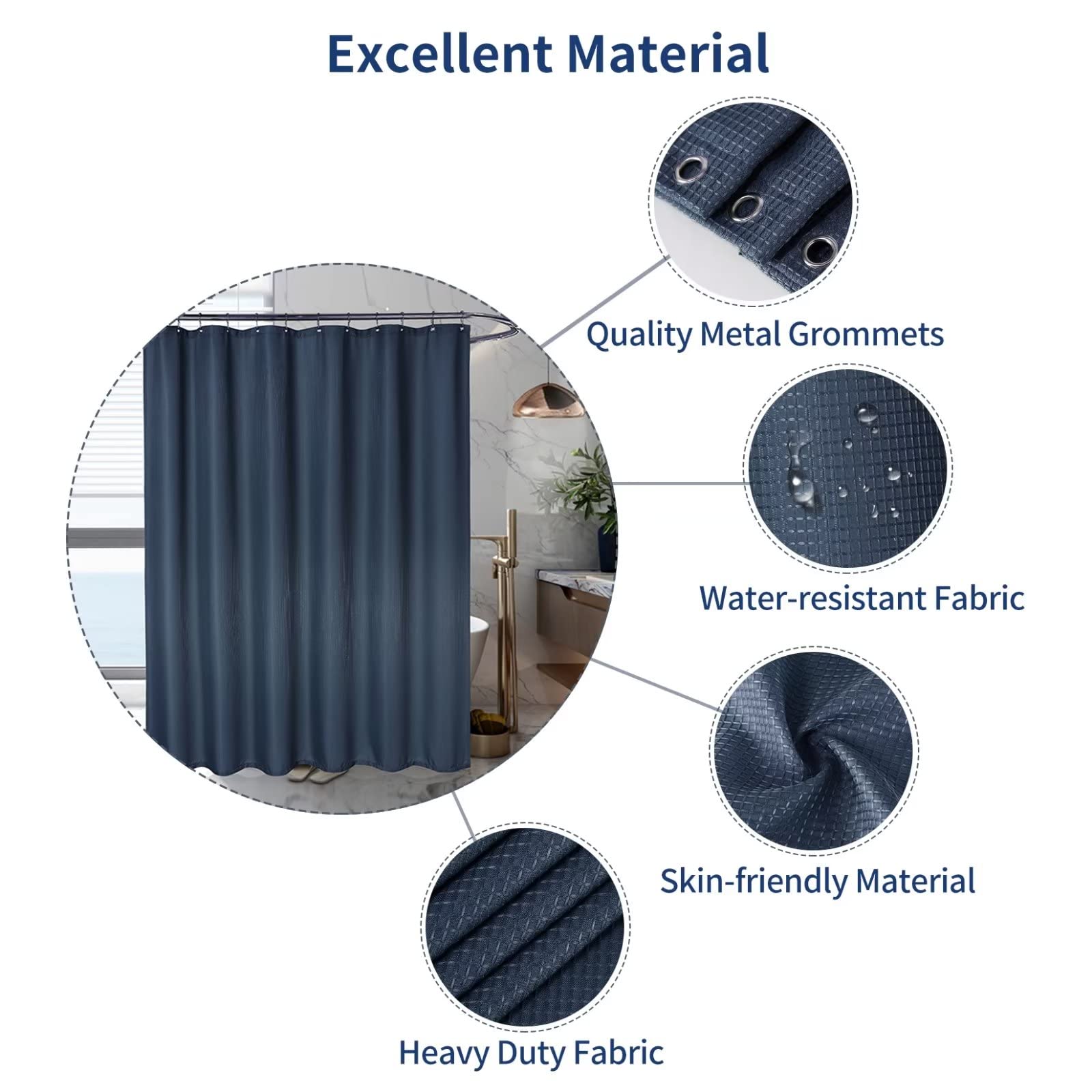 GlowSol Navy Blue Waffle Weave Shower Curtain 72x72 Inches - Waterproof Polyester Fabric with Rust-Resistant Grommets for Bathroom Decor | Perfect for Modern, Farmhouse & Coastal Bathroom Styles