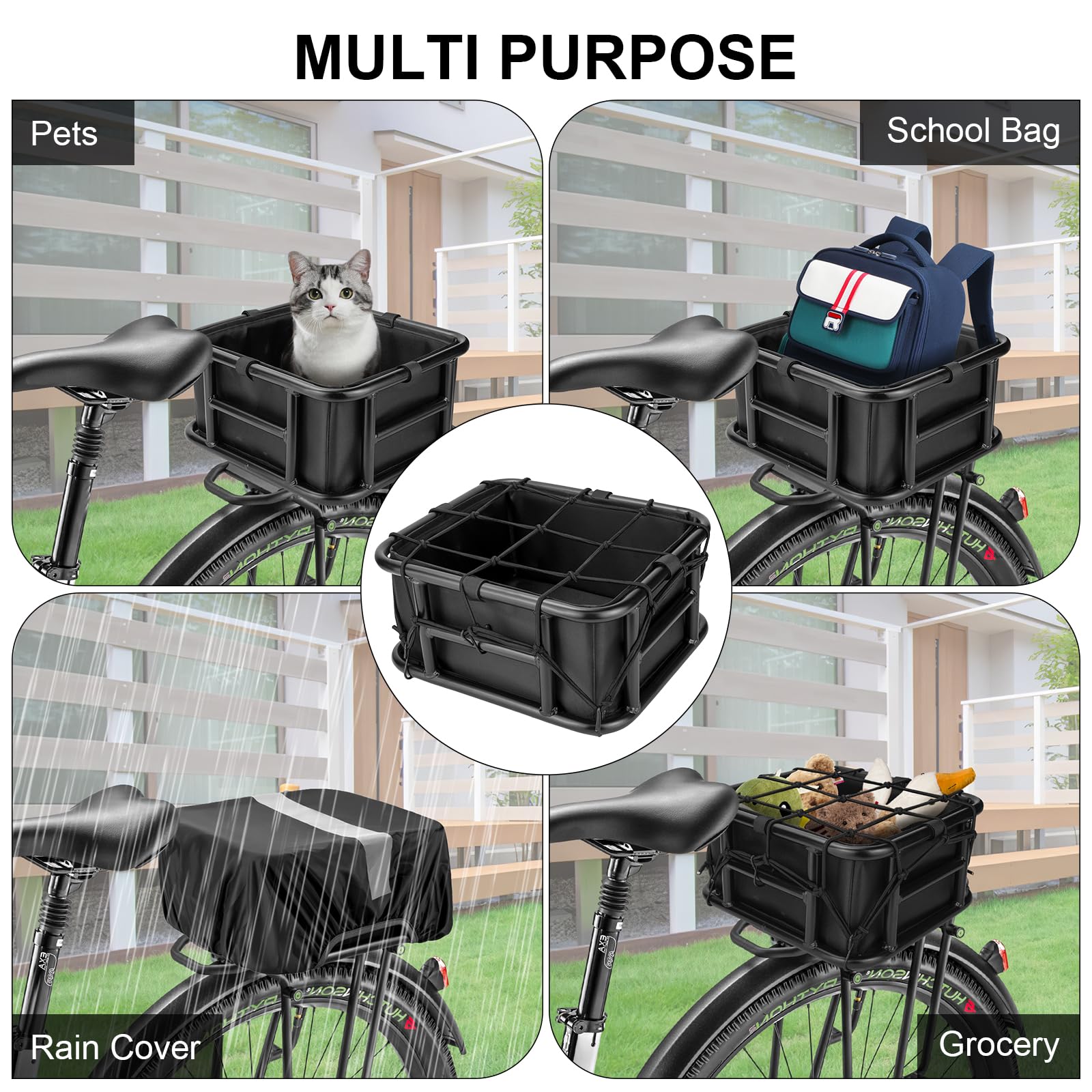Waterproof Rear Bike Basket with Liner & Cargo Net - Heavy Duty Large Bicycle Basket for Electric Bikes & Ebikes - Perfect for Grocery Shopping, Dog Transport, Bike Trips & Outdoor Adventures