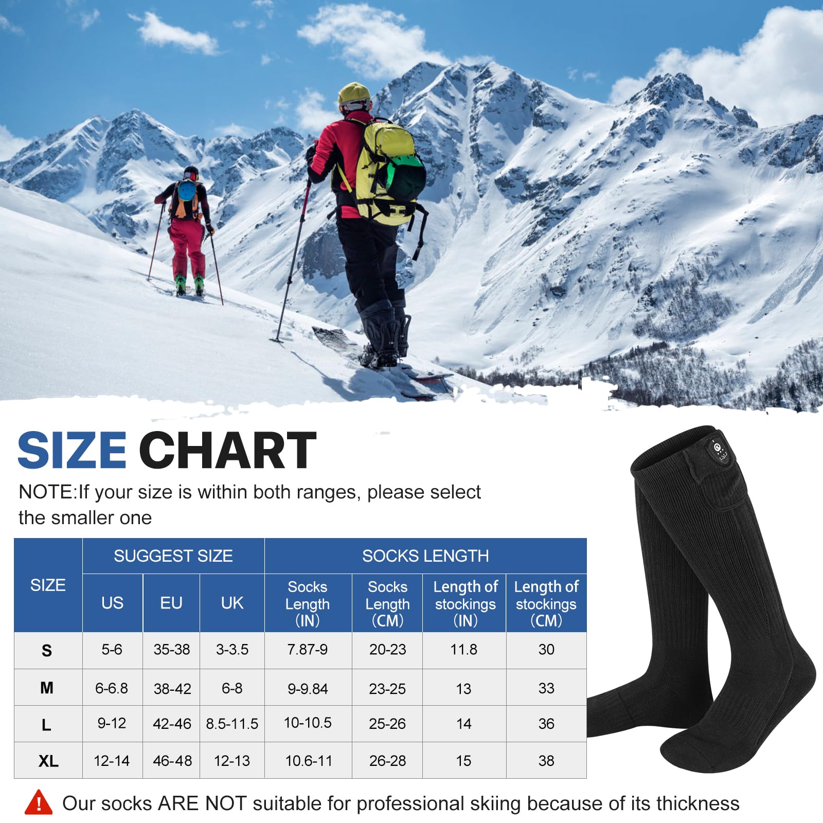 SNOW DEER Rechargeable Electric Heated Socks for Men & Women - Battery Powered Winter Warm Socks for Hiking, Skiing & Outdoor Activities