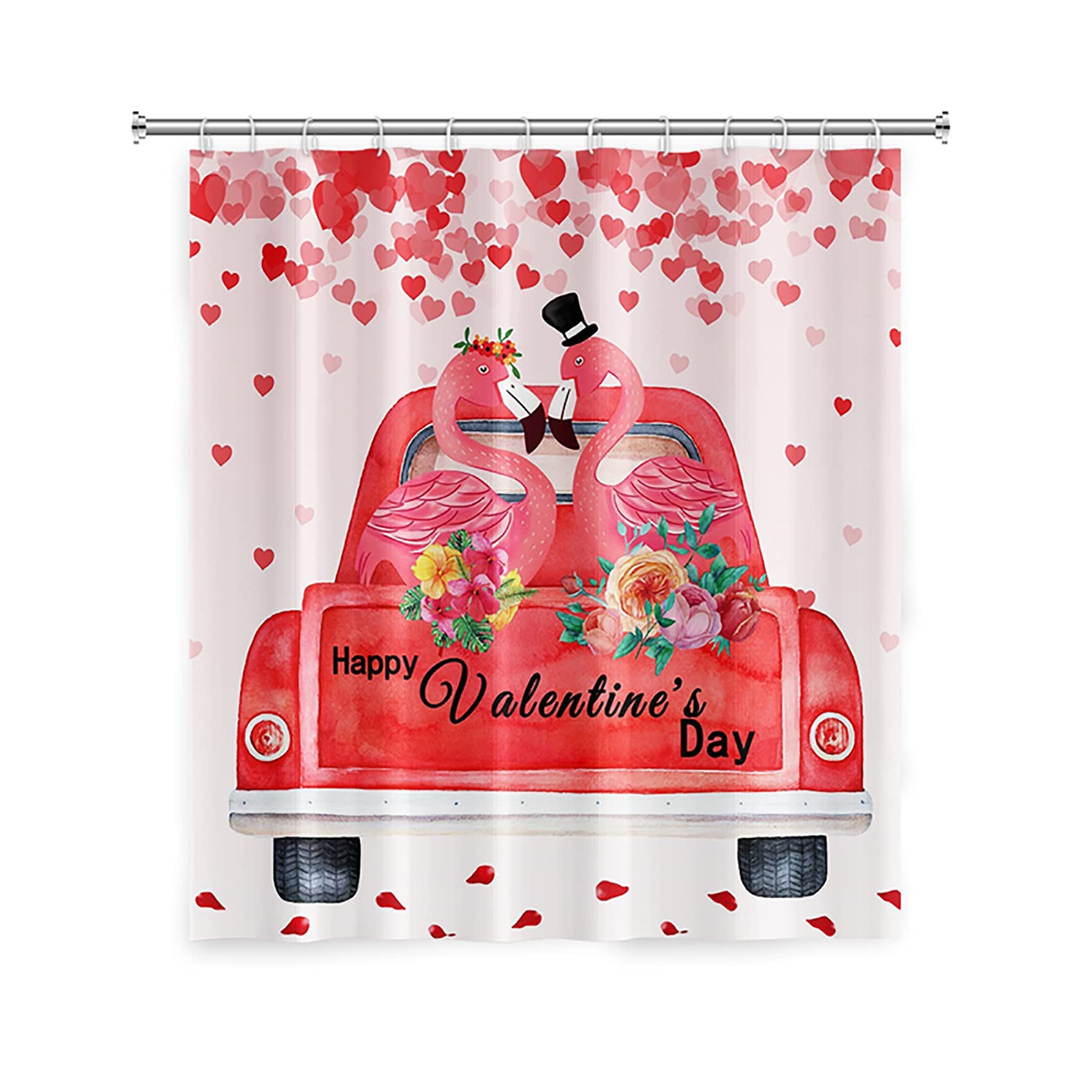 Flamingo Couple Kissing Shower Curtain - Rustic Red Love Hearts Design 71x71 Inches - Valentine's Day Bathroom Decor for Home, RV & Truck Cabins