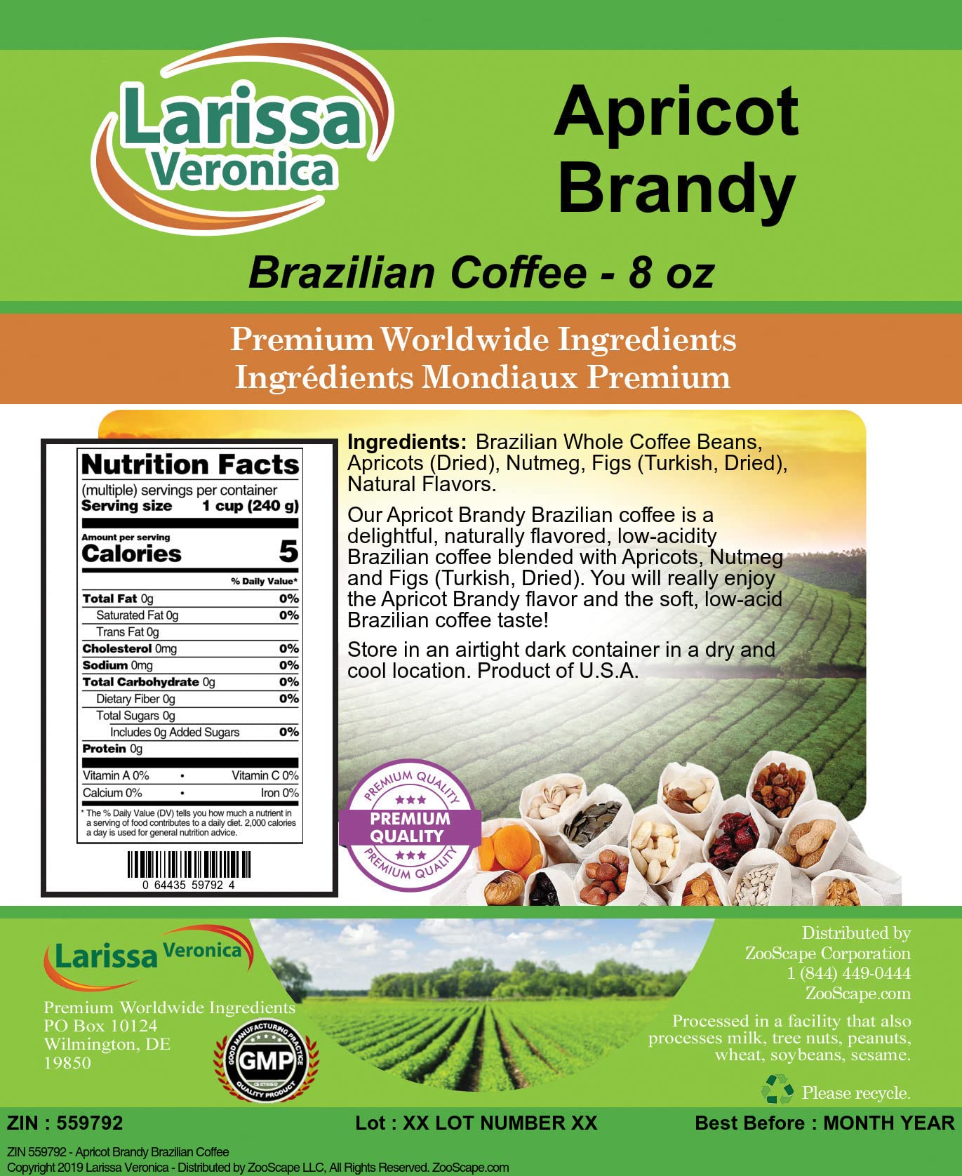 Premium Apricot Brandy Flavored Brazilian Coffee Beans - Gourmet Whole Bean Coffee, Naturally Flavored, 8 oz Bag - Perfect for Home Brewing, Office Use & Gift Giving