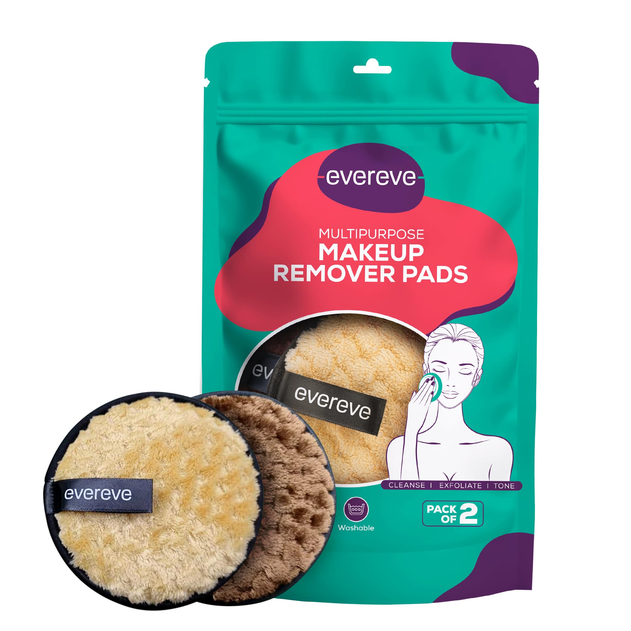 Evereve Reusable Makeup Remover Pads - Double-Sided Soft Microfiber Facial Cleansing Pads for Deep Cleaning | Washable & Eco-Friendly | Safe for All Skin Types (2-Pack) | Perfect for Travel, Daily Skincare & Makeup Removal