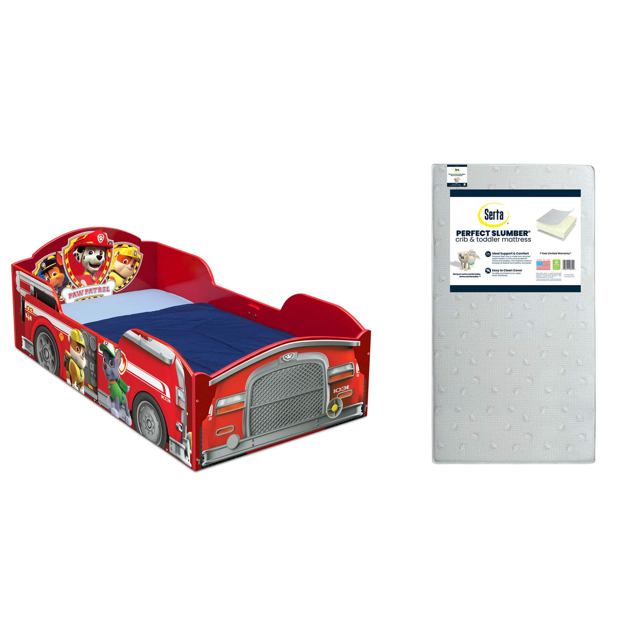 Delta Children Wood Toddler Bed with Nick Jr. PAW Patrol Design & Serta Perfect Slumber Dual-Sided Mattress - Eco-Friendly Recycled Fiber Core | Safe Sleep Solution for Kids' Bedroom & Nursery Decor