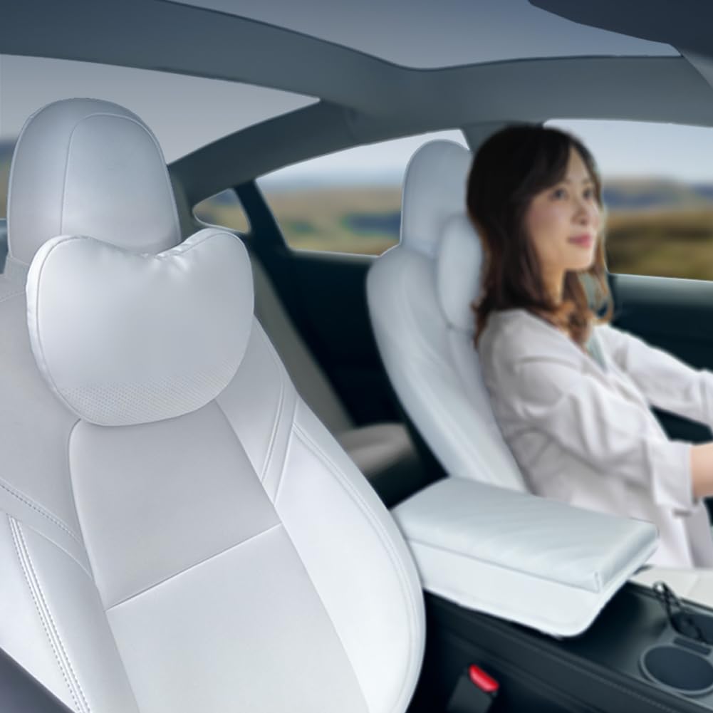 Premium Tesla Neck Pillow for Model Y/3/X/S - 2 Pack Adjustable Nappa Leather Headrest Support - Ergonomic Design for Car Travel & Office Use (White)