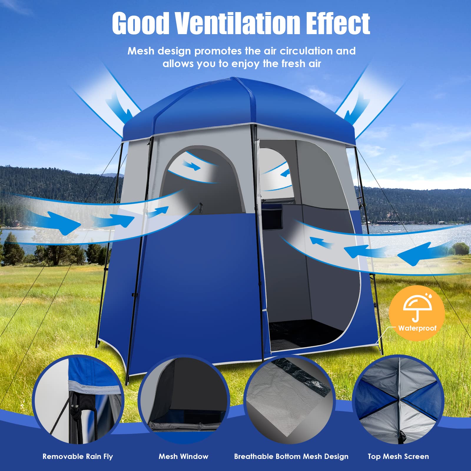 Tangkula Double Room Shower Tent - Extra Large Privacy Changing Tent for Camping with Floor & Removable Rain Fly | Portable Outdoor Shower Tent with Storage Bag | Perfect for Camping, Beach, Poolside & Outdoor Dressing