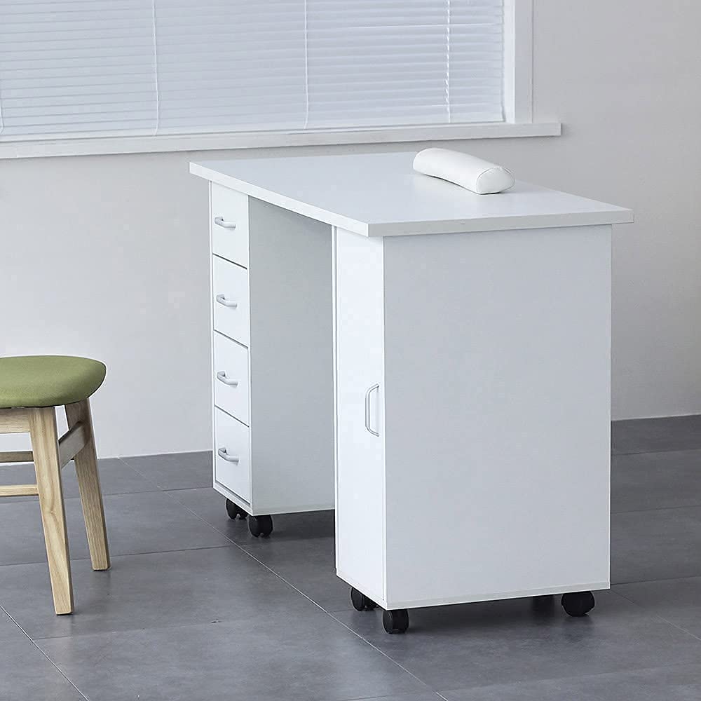 Professional Acetone-Resistant Wooden Nail Table for Salon & Spa - Manicure Pedicure Station with Storage Cabinet, Drawers, Adjustable Wheels & Wrist Rest - Perfect for Nail Technicians, Home Salons & Beauty Studios