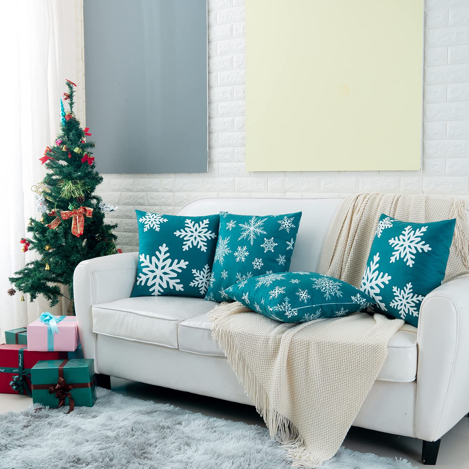 HWY 50 Teal Decorative Throw Pillow Covers 16x16 Inch - Soft Square Cushion Covers with Christmas Snowflakes Pattern (Pack of 2) for Sofa, Living Room, Bed - Perfect for Holiday Decor & Cozy Home Accents