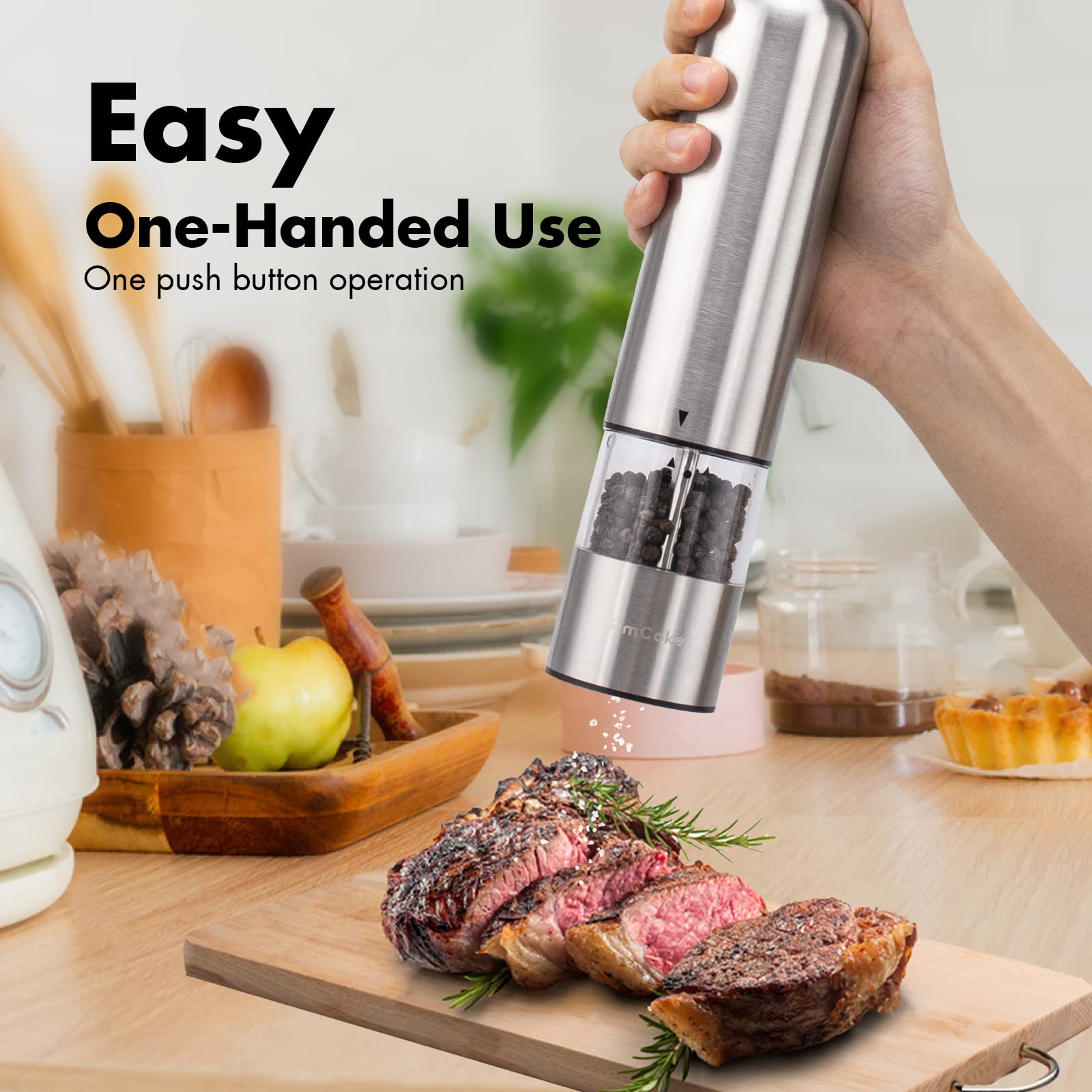 SimCoker Electric Pepper and Salt Grinder Set - Battery Powered Adjustable Coarseness, Automatic Spice Mill for Kitchen, BBQ, Restaurants & Home Cooking - Perfect for Seasoning Meats, Salads & Gourmet Dishes