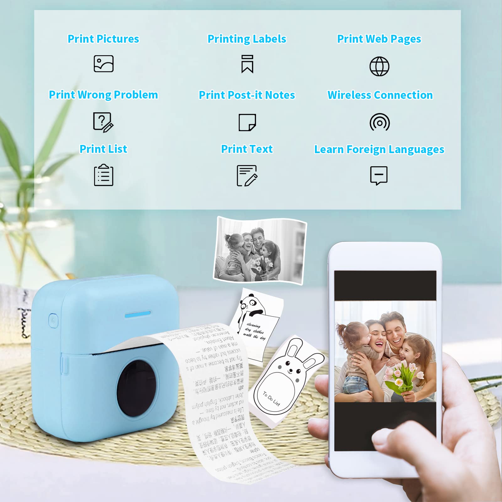 HuiJuKeJi Mini Sticker Printer - Bluetooth Smart Pocket Thermal Printer for iOS & Android | Inkless Printing with 11 Rolls Thermal Paper | Portable for Receipts, Photos, Journals, Notes & Memos | Perfect for Home, Office & Travel Use