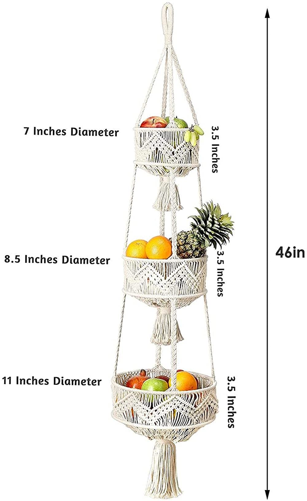 3-Tier Braided Hanging Fruit Basket - Space Saving Kitchen Storage Organizer for Fruits, Vegetables & Plants | Perfect for Pantry, Countertop & Small Spaces