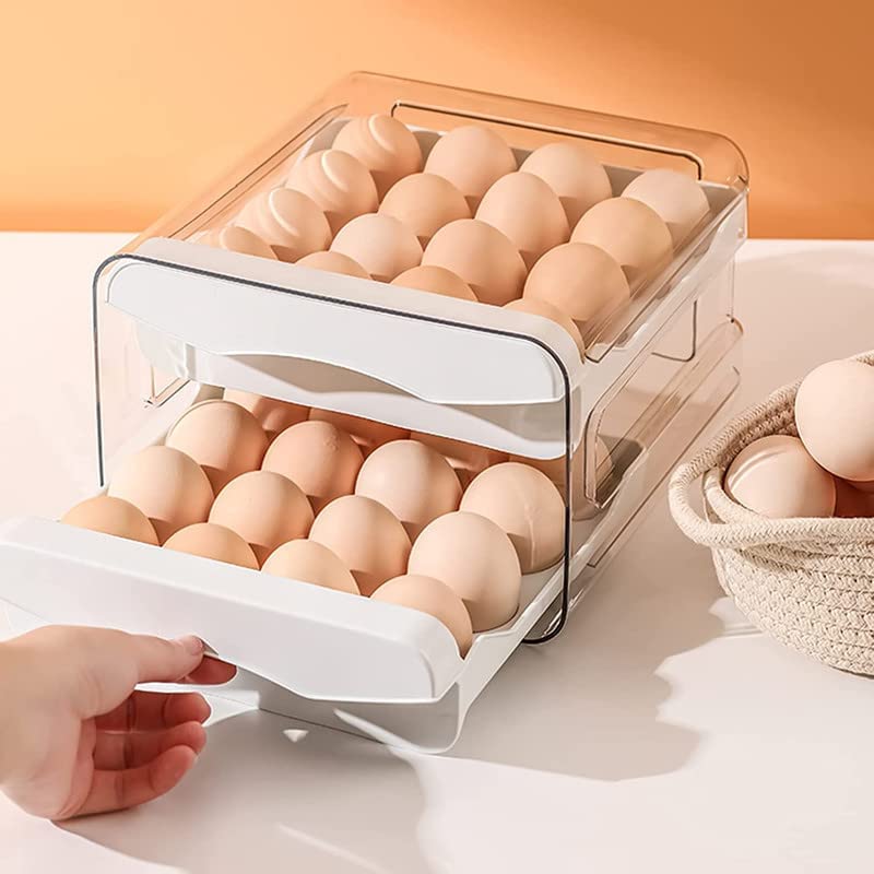 Matiko 32-Grid Large Capacity Refrigerator Egg Organizer Bins - 2-Layer Drawer Type Plastic Egg Storage Container for Chicken Eggs - Perfect for Kitchen Organization & Keeping Eggs Fresh Longer