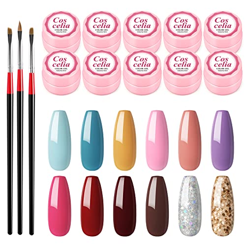 COSCELIA 12Pcs UV Gel Nail Polish Kit - Pink, Blue, Green, Yellow, Red & Glitter Colors with Nail Brush | Professional Salon & DIY Nail Art for Beginners | Perfect for Home Manicure, Party & Gift Giving