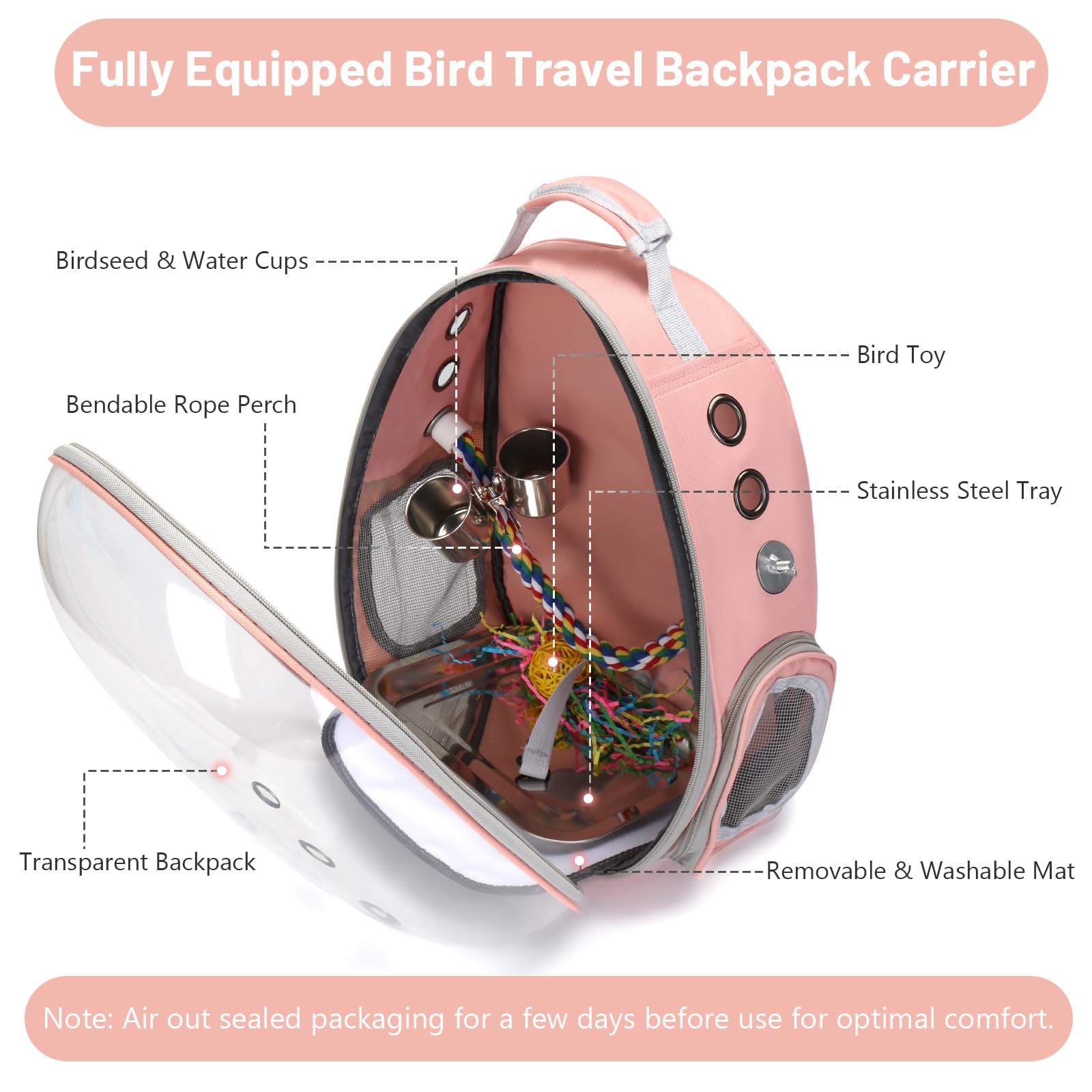 **Bird Travel Backpack Carrier for Small & Medium Birds – Clear Bubble Window, Stainless Steel Tray, Food Bowl & Perch – Perfect for Parakeets, Budgies & Cockatiels – Ideal for Travel, Vet Visits & Outdoor Adventures (Pink)**